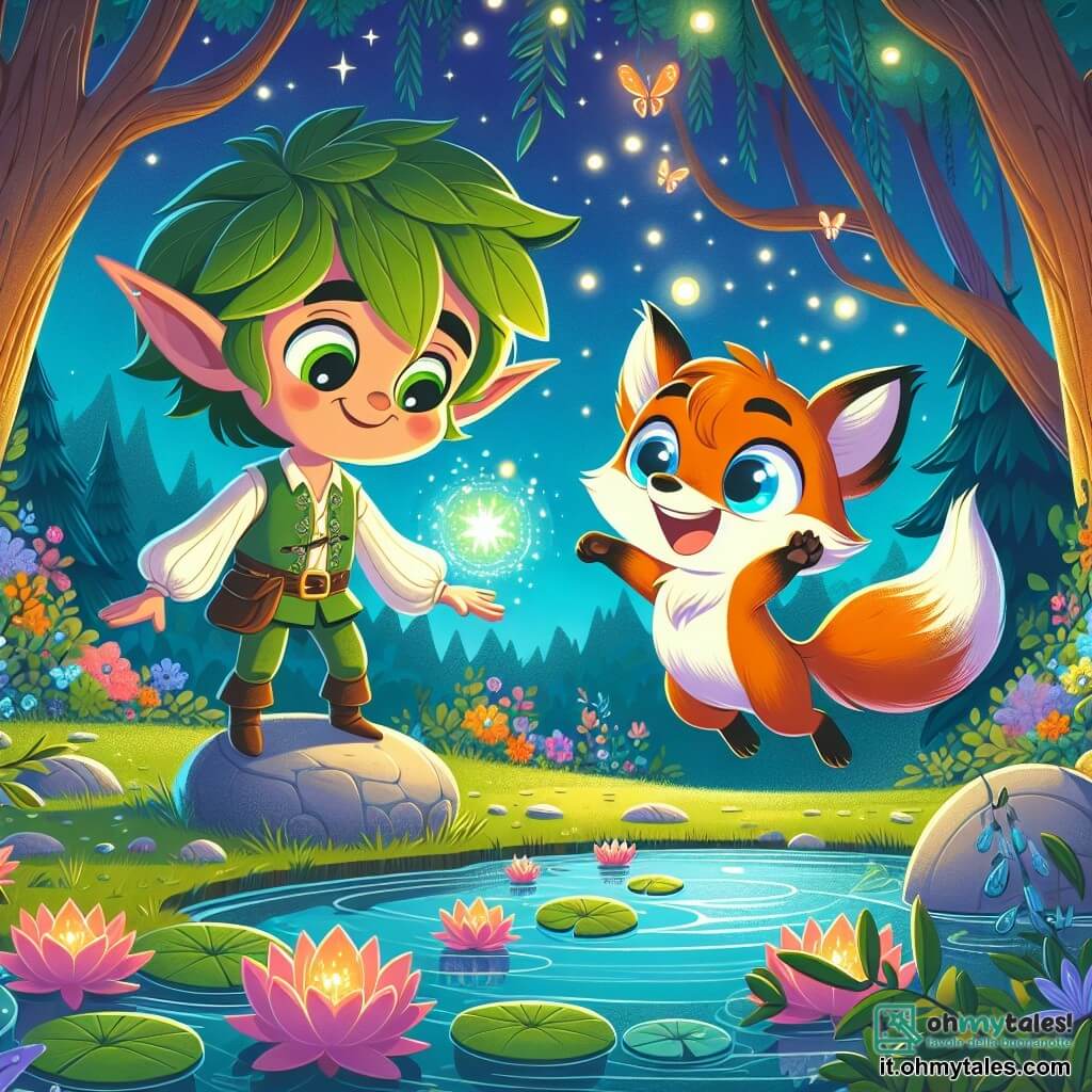 Un elfo gioioso, di nome Eriel, con orecchie a punta e capelli verdi come le foglie, sorride ampiamente mentre fluttua sopra una pietra luminosa. I suoi occhi brillano di magia e amicizia. Accanto a lui, una piccola volpe dagli occhi blu, Lilla, con una pelliccia arancione splendente, salta di gioia, la sua espressione piena di meraviglia e felicità. Lo scenario è un magnifico laghetto circondato da fiori colorati e ninfee cantanti, dove le lucciole danzano nell'aria notturna. Gli alberi maestosi, con tronchi spessi e rami estesi, creano un'atmosfera incantata. In questa scena, Eriel usa la sua magia per aiutare Lilla a ritrovare la sua forma di volpe, circondati dalla dolcezza delle luci scintillanti del bosco.