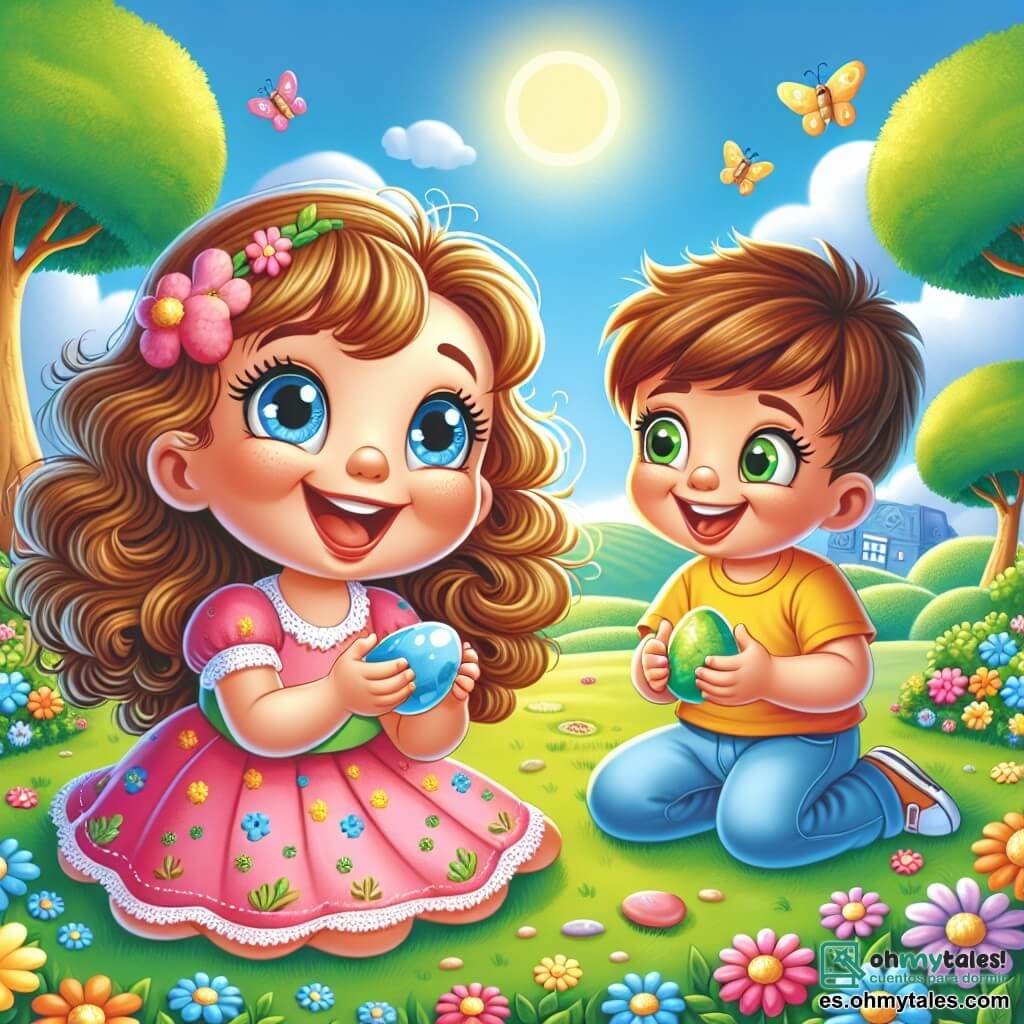 Una niña de 4 años, con grandes ojos brillantes y cabello rizado, lleva un vestido rosa con flores y una sonrisa radiante. Está sentada en la hierba verde, sosteniendo una piedra azul en sus pequeñas manos, con una expresión de alegría y asombro en su rostro. A su lado, un niño de 4 años, con cabello castaño y una camiseta amarilla, sonríe sosteniendo una piedra amarilla. Ambos están rodeados de flores coloridas y mariposas que vuelan a su alrededor. El parque está soleado, con árboles majestuosos y un cielo azul claro salpicado de nubes blancas y esponjosas. La escena principal muestra a los dos niños riendo juntos, compartiendo sus descubrimientos de piedras, simbolizando su hermosa amistad.