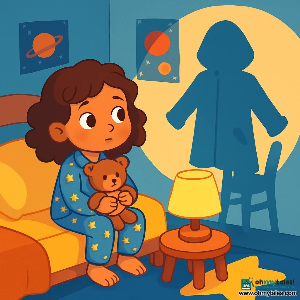 A little girl with curly brown hair, wearing a blue pajama with stars, is sitting on her bed. She has a curious look and a shy smile, holding a teddy bear against her chest. Next to her, a round bedside lamp with a soft yellow shade emits a warm light, illuminating her face. In the shadows, a large yellow raincoat hangs on a chair, casting a playful shadow on the wall. The room is a child's bedroom, with pastel blue walls, planet posters, and a fluffy star-shaped rug. The little girl watches the dance of shadows on the wall, intrigued but a bit nervous. She is preparing to discover the secret of the mysterious shapes around her, while the lamp's light creates a cocoon of safety around her.