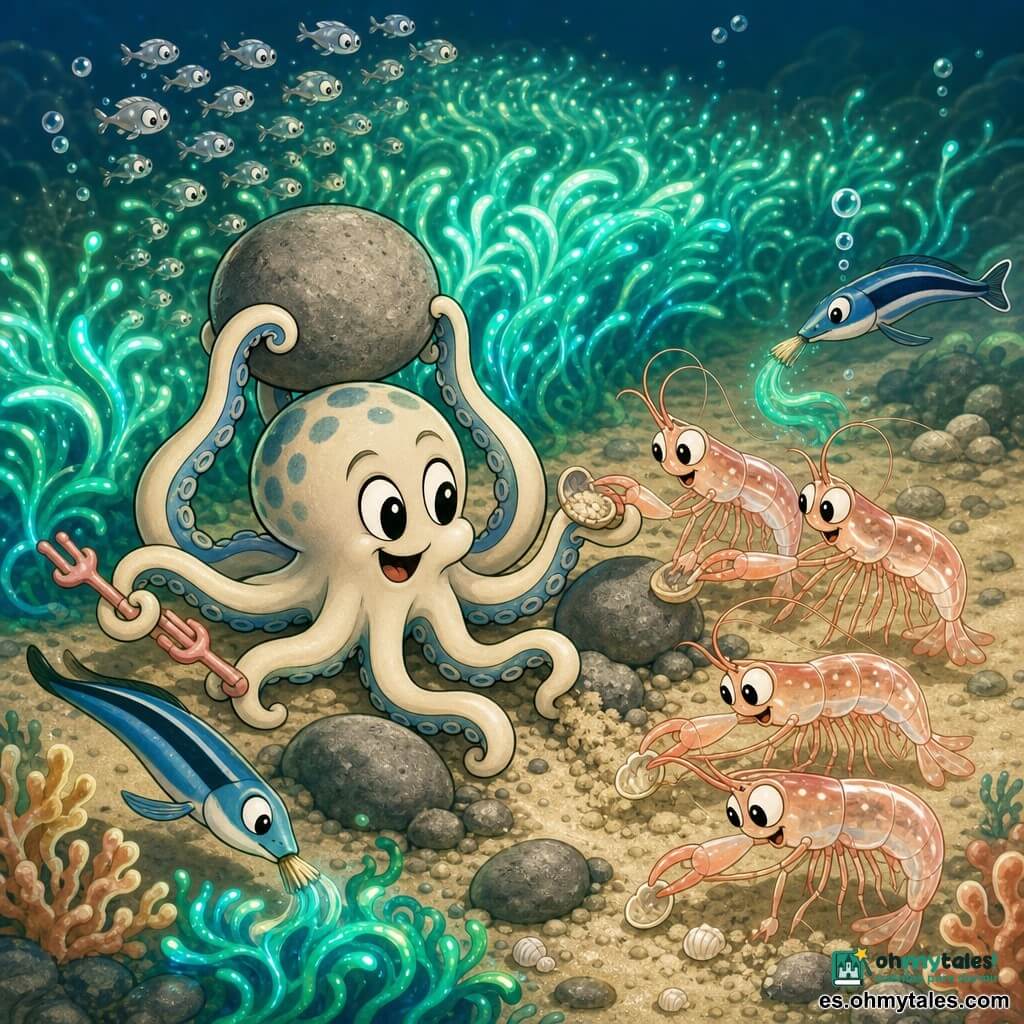 Un pequeño pulpo llamado Lumo, expresivo y sonriente, de textura levemente moteada crema y azul y grandes ojos brillantes, levanta suavemente una piedra con dos tentáculos mientras sostiene pequeñas herramientas de coral con otros; a su derecha, un grupo de gambas transparentes y rosadas retira granos de arena y le pasa pequeñas conchas; dos peces limpiadores delgados y azules, uno al frente a la izquierda y otro algo atrás a la derecha, peinan algas con la boca; al fondo, un banco de alevines plateados forma una nube tímida que se dirige al campo de algas. El lugar: llanura submarina de arena beige, piedras redondeadas grises y coral pálido, sobre todo un vasto campo de algas fosforescentes verde esmeralda y turquesa que emite luz difusa. Situación: Lumo organiza el desplazamiento de piedras para liberar algas luminosas, escena de cooperación tranquila con luz verde que ilumina los rostros marinos y burbujas ascendentes. Paleta y estilo: verdes esmeralda, turquesa, beiges cálidos y toques coral y rosa pálido; iluminación suave, viñeta cálida, trazos limpios estilo dibujo animado retro, texturas lisas y contornos negros finos.