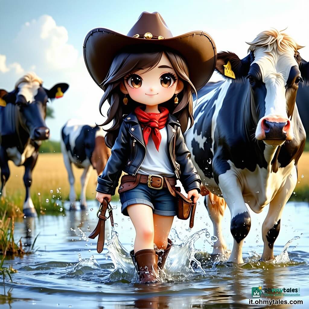 Giovane cowgirl (femmina) dal viso rotondo e occhi grandi e luminosi, espressione determinata ma dolce, capelli castani sotto un ampio cappello, giacca corta di pelle e foulard rosso, tiene la corda di una grande mucca pezzata e cammina nell'acqua fino al ginocchio; la cavalla Luna (femmina) dal mantello grigio chiaro e criniera bagnata è di lato a proteggere, zoccoli che alzano schizzi; grande mucca adulta (femmina) robusta e maculata, occhi spaventati ma fiduciosi, attraversa il guado vicino alla cowgirl; giovane manza (femmina) più piccola, pezzata chiara e timida, segue sulla sponda; il guado mostra acqua mossa e torbida su sassi scivolosi, riflessi arancioni del tramonto, sponde erbose lucide di pioggia, piccole onde e spruzzi; atmosfera al crepuscolo con cielo arancio-viola, nuvole residue e gocce in volo, senso di movimento e urgenza ma tono rassicurante; composizione semi-figurativa in primo piano, centrata sulla cowgirl che guida gli animali, Luna come barriera protettiva, dettagli umidi (stivali fangosi, criniere bagnate) e palette calda pastello in stile chibi kawaii.