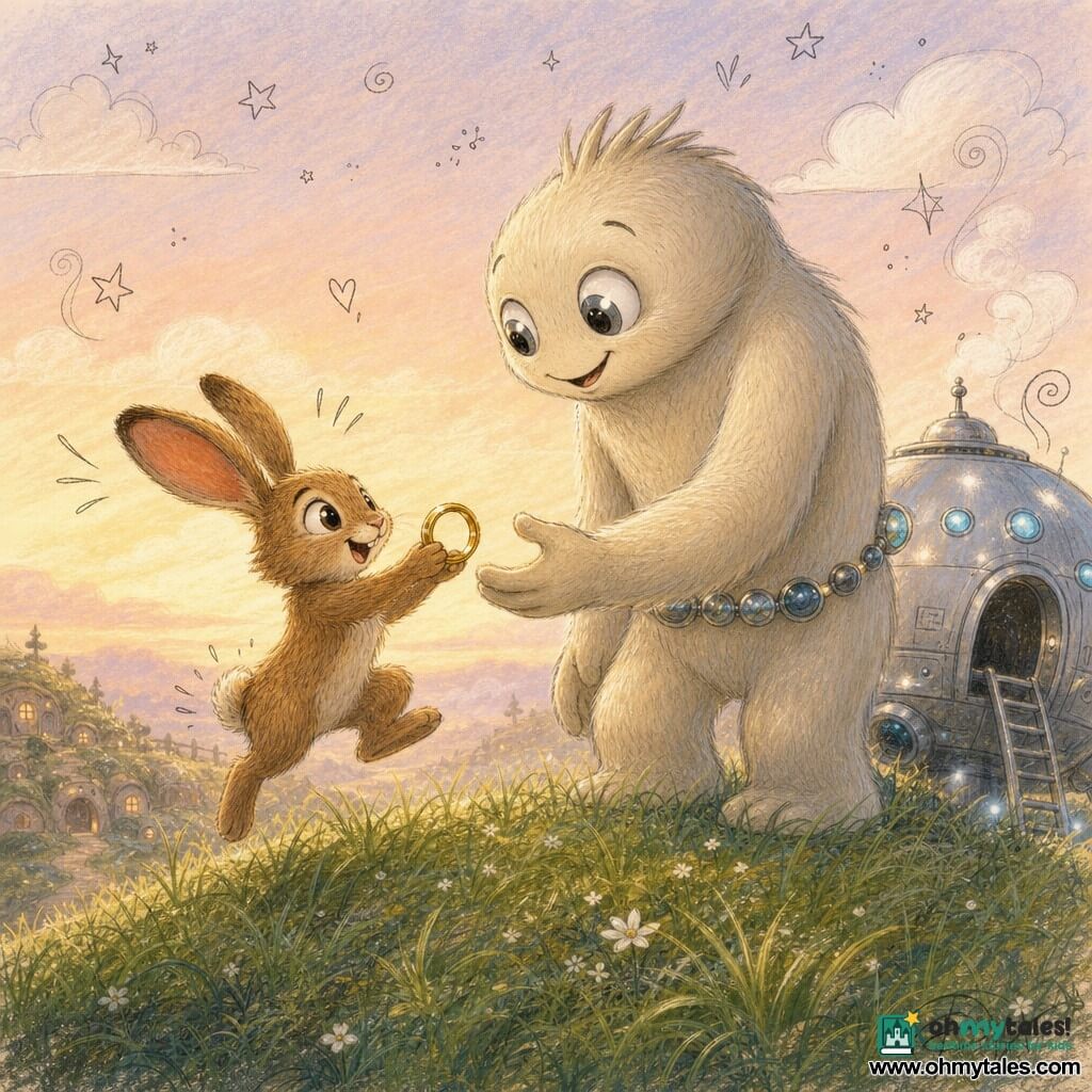 Main character: Pip the hare, a small brown hare with long soft ears and big round eyes, joyful curious expression, holding a shiny brass ring between his front paws in a bouncy pose with textured fur; Secondary character: a small tree-sized alien with pale cream fur, shimmering tin-colored eyes, a glass-bead belt and a grateful smiling face reaching for the ring; Secondary element: a small rounded silver spaceship behind the alien with smooth reflective surface, blue portholes and a folded ladder; Location: top of a gentle grassy hill with visible blades, small white flowers and a distant burrow village under a peach-and-lavender dawn sky; Situation: a tender reunion as Pip offers the found ring to the alien, warm morning light, centered composition highlighting their connection, childlike colorful style with crayon textures and light doodle overlays (stars, motion lines, tiny hearts).
