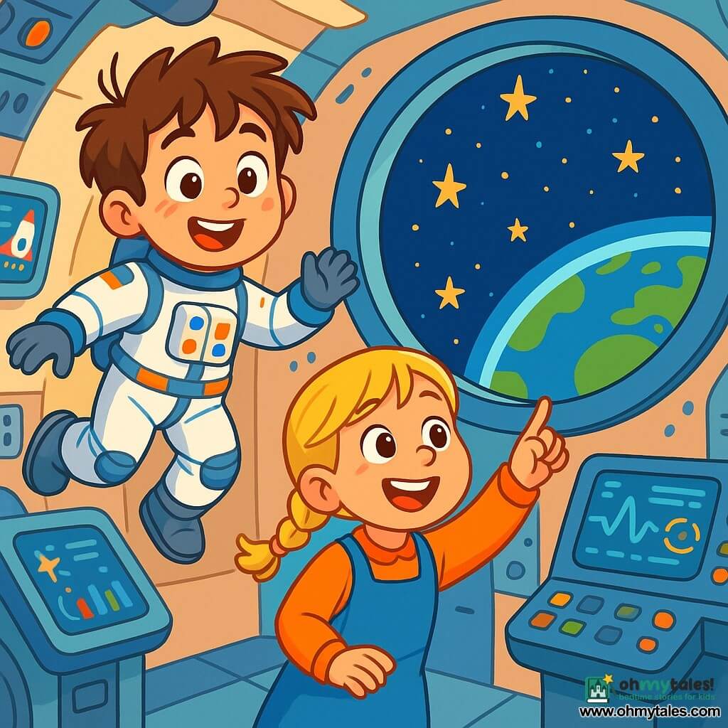 A young man, Alex, with messy brown hair and sparkling eyes of excitement, floats weightlessly inside a spacecraft. He wears a white spacesuit adorned with colorful details, and his face radiates joy and curiosity. Next to him is a girl named Lily, around 10 years old, with braided blonde hair and a bright smile, watching in wonder through a window, pointing at the twinkling stars. The spacecraft is filled with futuristic instruments, with bright screens displaying data about space. Outside, a breathtaking view of space unfolds, with shining stars and a blue and green Earth in the background. The main scene shows Alex and Lily, captivated by the beauty of the universe, sharing a moment of discovery and wonder together.