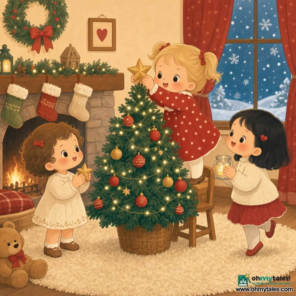Three toddlers decorate the top of a Christmas tree in a cozy living room: on the left a 2-year-old girl with short curly brown hair and rosy cheeks holds a small golden star with both hands; in the center a 2-year-old girl with blonde pigtails and a red polka-dot dress sits on a small chair and places the star atop the tree; on the right a 2-year-old girl with straight black hair holds a glass candle jar, smiling and lightly tiptoeing. The room has a cream plush rug, a dark green tree decorated with red and gold baubles and warm lights, a stone fireplace with a gentle flame and stockings, and a window with red curtains showing falling snow; the scene is soft, collaborative, warmly lit with a cozy color palette.