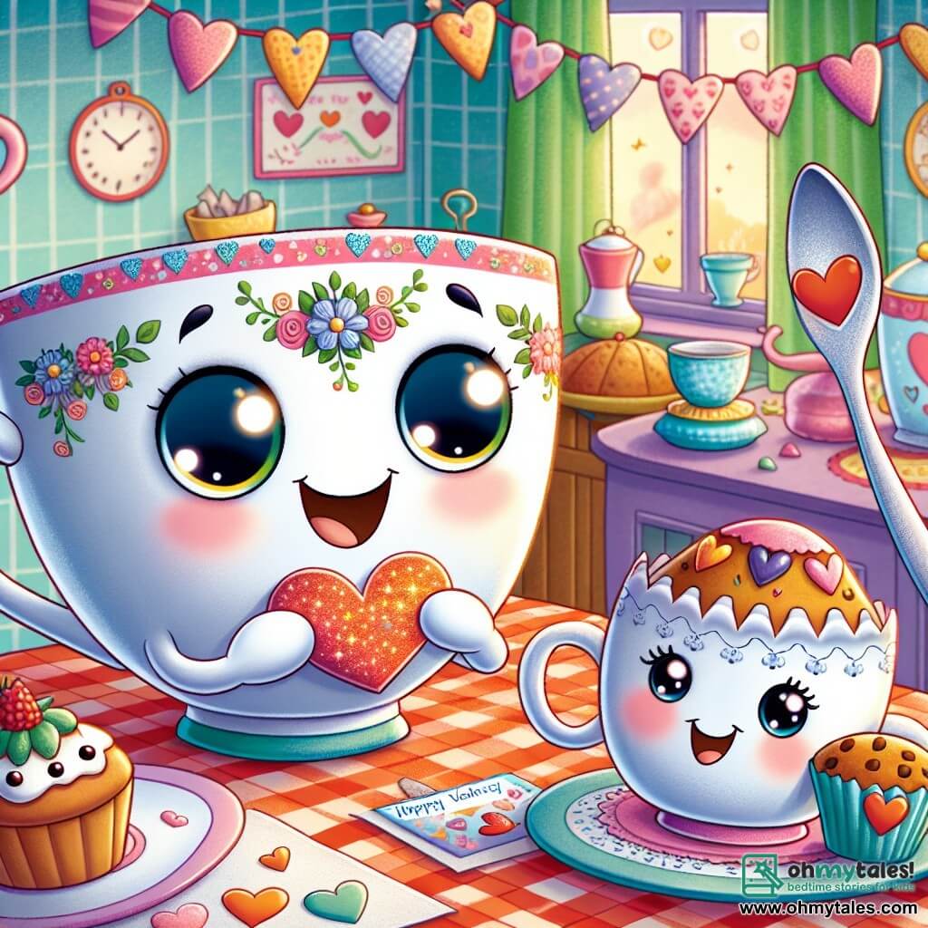 Benny, a small white porcelain cup with delicate floral patterns, is at the center of the image, his round eyes reflecting excitement and curiosity. He holds a sparkling paper heart, a joyful smile illuminating his face. Next to him, Sally, a silver spoon with a finely engraved handle, has a playful expression, her eyes sparkling with mischief as she hands a small Valentine's card decorated with hearts. A little further away, Perry, a round and colorful plate, smiles widely, its edges slightly wavy, holding a heart-shaped muffin ready to share. The scene takes place in a cozy kitchen filled with paper heart garlands hanging on the walls and sweet treats on the table, creating a festive and joyful atmosphere. Benny and his friends gather around the table to celebrate Valentine's Day, exchanging cards and treats, their faces glowing with happiness and friendship.