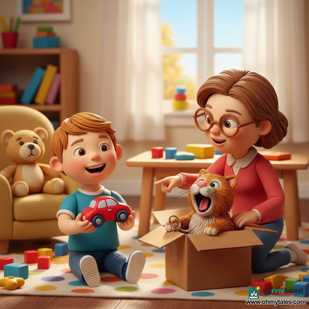 A 2-year-old boy with a radiant smile and curious eyes, short light brown hair, sits on the floor holding a small shiny red toy car; a woman in her 30s—his mother—with a gentle face and round glasses crouches beside him, kindly pointing at an open box where a yawning tabby cat with a pink nose is dozing and a car key sticks out; a slightly flattened beige teddy sits on a nearby armchair; the bright living room has a polka-dot rug, a small wooden table, scattered toys and a sunny window; joyful discovery as the boy finds his car hidden in the box, warm expressions, vivid colors and visible smoothed modeling-clay textures with fingerprints.