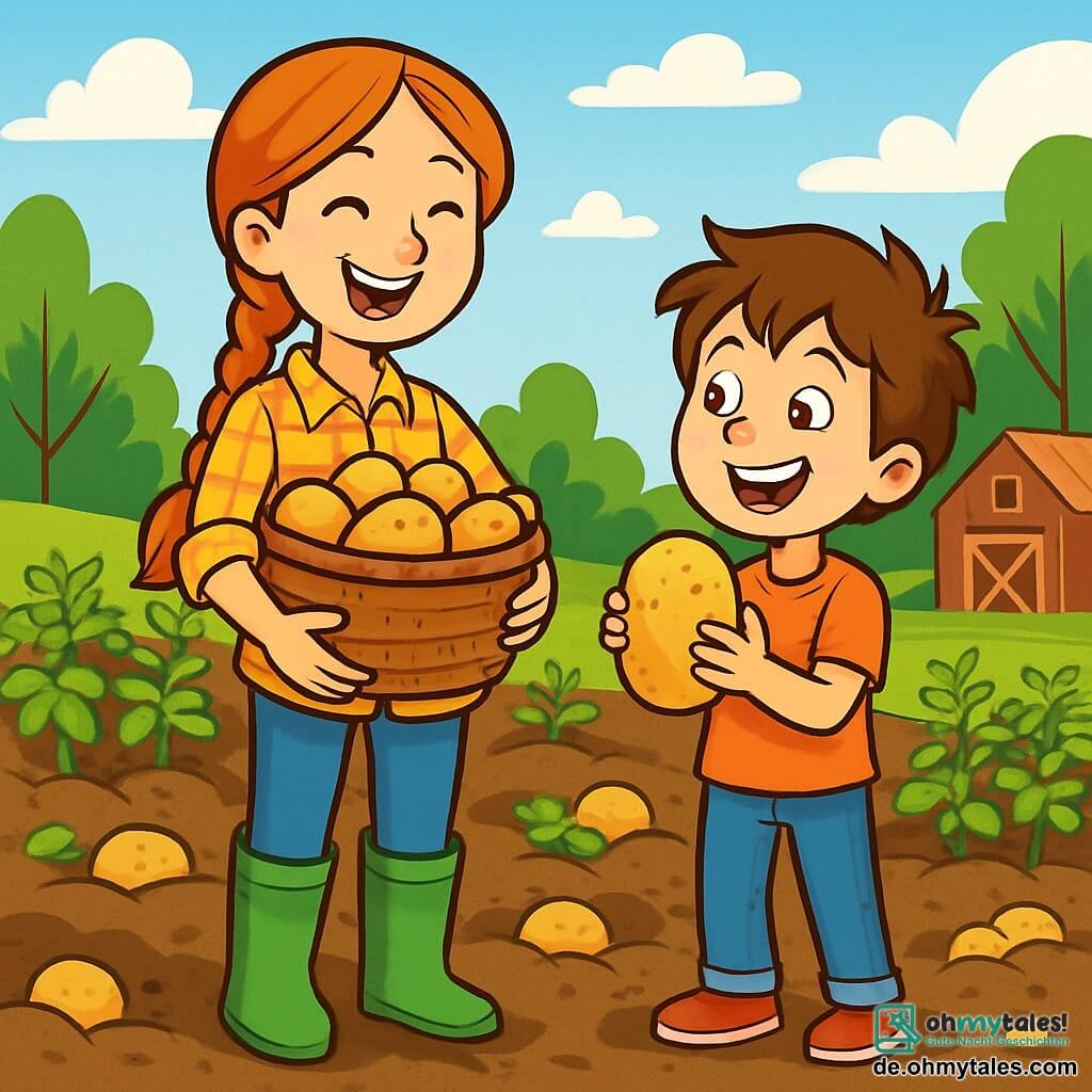 Eine junge Frau, Anna, mit langen, geflochtenen roten Haaren, lächelnd und voller Freude, steht mitten auf einem grünen Feld. Sie trägt ein kariertes Hemd und grüne Gummistiefel und hält einen Korb voller goldener Kartoffeln. Neben ihr lacht ein 8-jähriger Junge, Ben, mit zerzausten braunen Haaren und funkelnden Augen, während er eine große Kartoffel in seinen Händen hält und von ihrer Größe begeistert ist. Die Szenerie zeigt ein weites Feld mit brauner Erde, gespickt mit Reihen von Kartoffelpflanzen, unter einem blauen Himmel mit weißen Wolken. Im Hintergrund ist eine alte rote Scheune und grüne Bäume zu sehen, die das Feld säumen. Die Szene zeigt Anna und Ben, die Kartoffeln ernten, zusammen lachen und einen Moment der Verbundenheit teilen, umgeben von der Schönheit der Natur und dem süßen Duft der frisch gepflügten Erde.