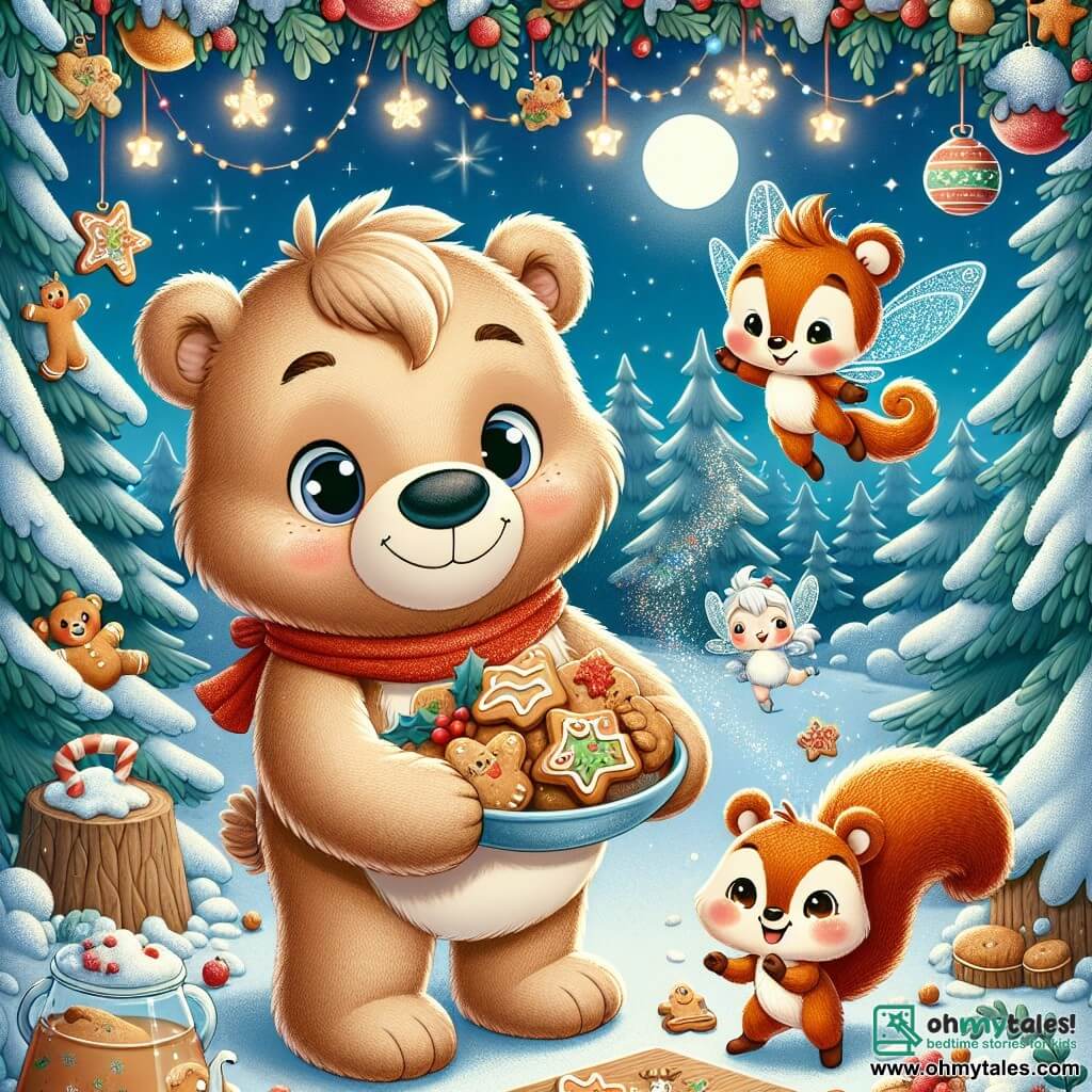In a snowy forest, a teddy bear named Benny, with soft light brown fur, stands at the center of the scene, his eyes sparkling with excitement and a big smile on his face. He is surrounded by colorful decorations, berry garlands, and shimmering snowflakes, while holding a plate of gingerbread cookies. Beside him, a little squirrel named Sammy, with red fur and a bushy tail, jumps with joy, his eyes twinkling with happiness as he holds a small sprig of holly. A little further away, a snow fairy named Flurry, with sparkling wings and a dress made of snowflakes, flies above them, beaming as she sprinkles magical glitter in the air. The setting is an enchanted clearing, surrounded by tall snow-laden fir trees under a starry sky where the moon shines, creating a warm and festive atmosphere. The main scene shows Benny and his friends preparing for a grand Christmas party, filled with joy and enthusiasm, as snowflakes gently fall around them, adding to the magic of the moment.