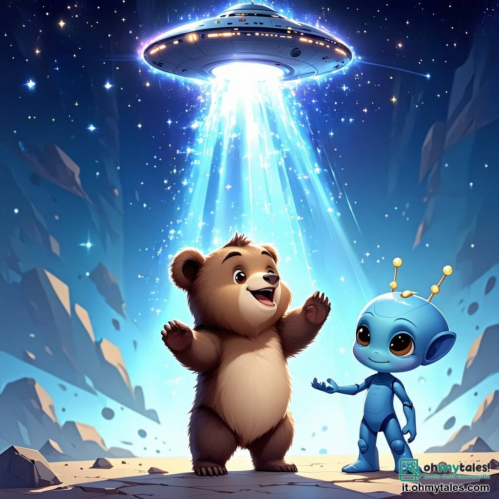Un giovane orso di nome Bruno, con pelliccia marrone e occhi pieni di curiosità, si trova al centro dell'immagine, guardando con meraviglia un'astronave scintillante che fluttua sopra di lui. Esprime una gioia intensa, con le braccia alzate in segno di eccitazione. Accanto a lui, un piccolo alieno blu di nome Zog, con antenne e un sorriso amichevole, alza una mano per salutare Bruno, mostrando un'espressione di felicità e entusiasmo. Sullo sfondo, la foresta incantata è piena di alberi maestosi con foglie brillanti e fiori colorati che scintillano sotto la luce di un cielo stellato. La scena principale mostra Bruno e Zog pronti a imbarcarsi nell'astronave, simboleggiando l'inizio di una grande avventura intergalattica.