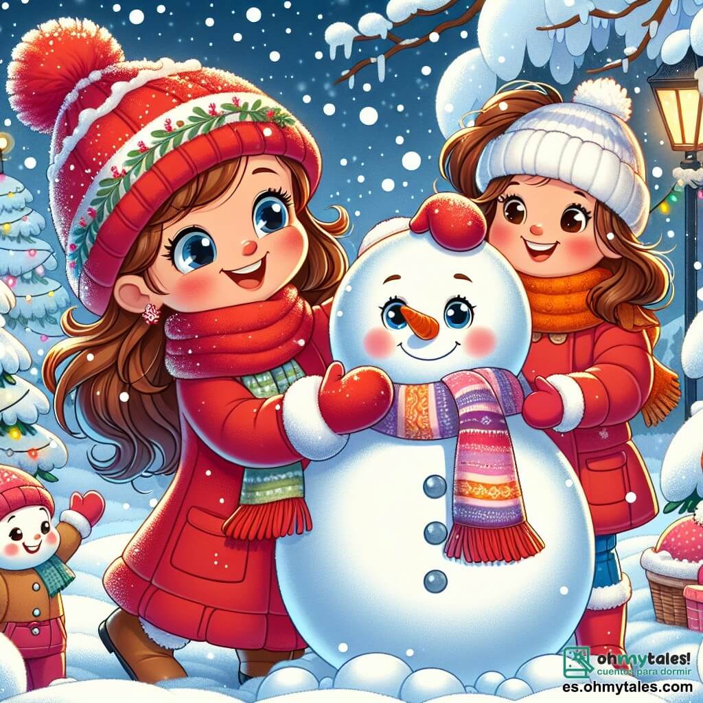 Una niña de 7 años, Clara, con largos cabellos castaños y mejillas rosadas, sonríe alegremente sosteniendo una gran bola de nieve en sus manos. Lleva un abrigo rojo brillante, un gorro de lana y guantes a juego, rodeada de emoción y felicidad. A su lado, su mamá, una mujer de unos 35 años con el cabello castaño recogido en un moño y una sonrisa cálida, la observa con orgullo mientras sostiene una bufanda colorida, animándola a construir un gran muñeco de nieve. El escenario es un jardín nevado, con árboles cubiertos de nieve brillante, copos cayendo suavemente del cielo y luces navideñas brillando en las ventanas de las casas cercanas. La escena muestra a Clara y su mamá creando un muñeco de nieve con accesorios divertidos como una zanahoria para la nariz y piedras para los ojos, mientras risas de niños resuenan a su alrededor, capturando la magia del invierno y la alegría de los momentos compartidos.