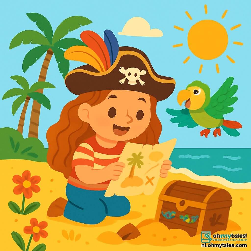 Een jonge piratenvrouw, genaamd Lotte, met lang golvend haar, draagt een piratenhoed versierd met kleurrijke veren. Ze heeft een stralende glimlach en sprankelende ogen van opwinding terwijl ze een oude schatkaart ontdekt. Naast haar vliegt een kleurrijke papegaai, genaamd Koko, vrolijk om haar heen met groene en gele veren, terwijl hij aanmoedigende woorden roept. De achtergrond is een tropisch eiland met slanke palmbomen die zachtjes in de wind wiegen, gouden zand dat onder de zon glinstert, en heldergekleurde bloemen. In de verte strekt een turquoise zee zich uit tot aan de horizon, met zachte golven die de kust kussen. De scène toont Lotte en Koko die in het zand graven en een oude houten kist ontdekken, versierd met maritieme motieven, terwijl een zonnestraal de scène verlicht en een magische toets aan hun avontuur toevoegt.