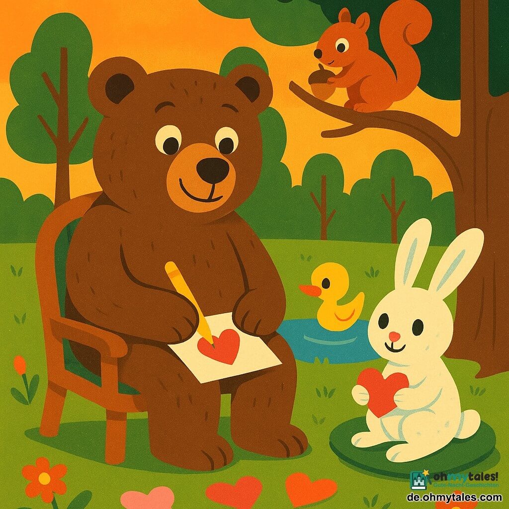 Ein großer brauner Bär (Hauptfigur), fröhlich und sanft mit runden Augen und strukturiertem Fell, sitzt in einem Holzsessel und lächelt, während er mit einem goldenen Stift rote und rosa Papierherzen beschriftet; daneben sitzt der gefleckte weiße Hase Hanni, schüchtern aber zufrieden, auf einem grünen Kissen mit einem Papierherz, links schwimmt die leuchtend gelbe Ente Emma in einem kleinen Teich und winkt, und hinter dem Bären hängt das rote Eichhörnchen Emil an einem niedrigen Ast und hält eine Eichel als Geschenk; Szene in einer Waldlichtung bei Sonnenuntergang mit grüner Wiese, bunten Blumen und stilisierten Baumstämmen, warme orange Beleuchtung, weiche Schatten, zarte, freundliche Atmosphäre, zentrale, gut lesbare Komposition in pastellfarben mit lebhaften Akzenten und einfachen runden Formen.