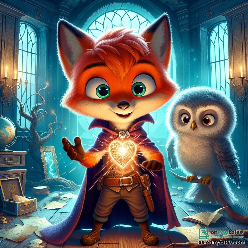 Zefiro, un pequeño zorro de pelaje naranja brillante y cola esponjosa, se encuentra en el centro de la escena, con los ojos brillantes de emoción y determinación, sosteniendo en sus patas el Corazón del Viento, un artefacto resplandeciente que pulsa con energía mágica. A su lado, un viejo búho sabio, de plumas grises y ojos penetrantes, observa con orgullo, posado en una rama, listo para guiar a Zefiro en su búsqueda. En el fondo, la sala misteriosa está llena de artefactos antiguos y espejos rotos, iluminada por rayos de luz que se filtran a través de una grieta en el techo, creando una atmósfera mágica e intrigante. La escena principal muestra a Zefiro, listo para enfrentar su destino, mientras descubre el poder del Corazón del Viento, simbolizando la unión entre la magia y la tecnología en un mundo de ciencia ficción.