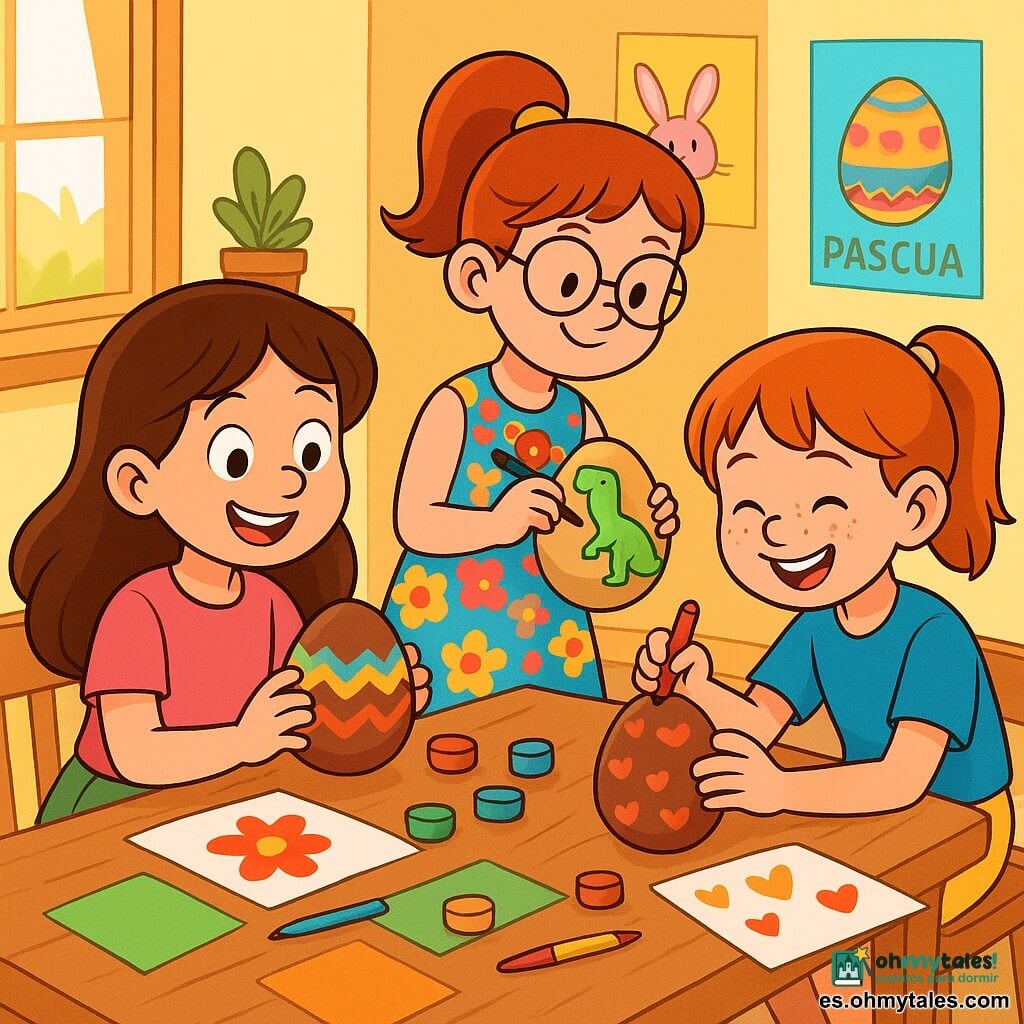 Hay 3 personajes: - Lucía: una niña de 8 años con cabello largo castaño y ojos brillantes. Lleva una camiseta rosa y una falda verde. Está sentada en la mesa, sosteniendo un huevo de chocolate decorado. - Marta: una niña de 8 años con una coleta alta y gafas redondas. Lleva un vestido de flores coloridas. Está de pie junto a Lucía, dibujando un dinosaurio en su huevo. - Ana: una niña de 8 años con cabello rojo y pecas en la nariz. Lleva una camiseta azul y un short amarillo. Está agachada frente a la mesa, decorando un huevo con pequeños corazones. El lugar es una habitación luminosa y acogedora, con una gran mesa de madera en el centro, cubierta de papeles de colores, lápices, pinturas y pequeños huevos de chocolate. Rayos de sol entran por una ventana, iluminando dibujos de Pascua colgados en las paredes. La situación principal muestra a las tres amigas en plena creación, rodeadas de colores vivos y risas, mientras decoran sus huevos de chocolate con motivos alegres y sonrisas brillantes.