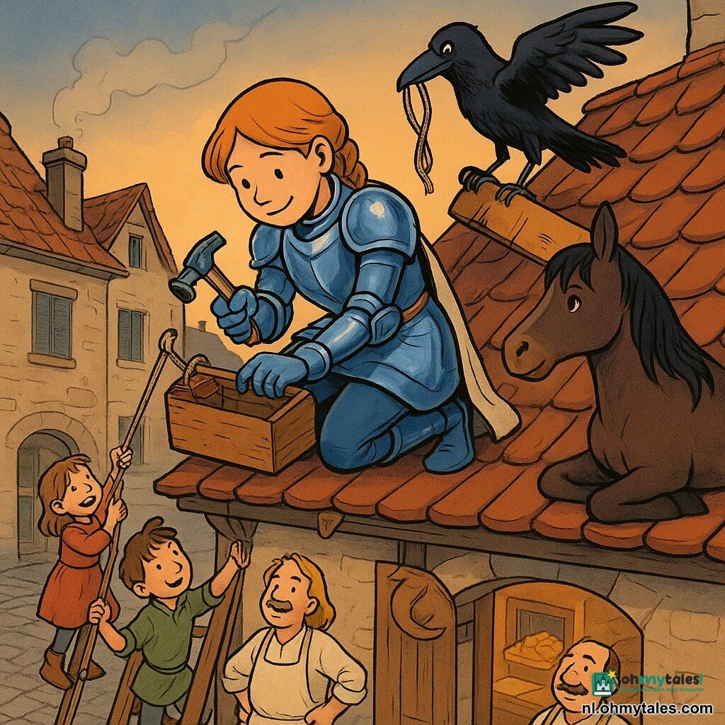 Een jonge riddervrouw met een geconcentreerde glimlach in glanzend blauwachtig harnas en crème tabard hurkt op een rood pannendak en slaat voorzichtig een spijker; naast haar een baai pony met glanzende manen, en een grote zwarte kraai die een touwtje vasthoudt; drie kinderen (7–9 jaar) op een houten ladder reiken takken en touwen aan, terwijl de 45-jarige bakkersman met bebloemd schort beneden bij de winkelpoort dankbaar omhoog kijkt; op een geplaveide dorpsstraat bij schemering met lichte stenen gevels en een scheef houten winkelbord in croissantvorm vindt een gezamenlijke reparatie van het bord plaats, warme kleuren, duidelijke lijnen en zacht goudkleurig avondlicht.