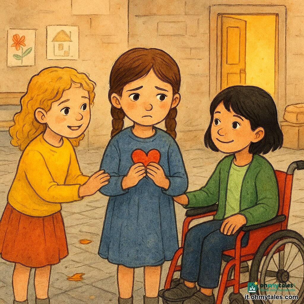 Ci sono tre bambine di 7 anni: Lila, capelli castani in due trecce, occhi un po' preoccupati ma dolci, veste blu consumata, al centro con un piccolo cuore di carta rossa sul petto; Sofia, capelli biondi ricci, sorriso rassicurante, maglione giallo, a sinistra che le prende la mano destra; Marta, capelli neri corti, su una piccola sedia a rotelle rossa, cardigan verde, a destra con la mano sinistra sul bracciolo in gesto d'amicizia. Ambientazione: cortile della scuola al crepuscolo, pavé grigio, poche foglie arancioni, una panchina di legno consumata, una porta dell'aula beige aperta con luce calda, disegni appesi al muro esterno, scatole di cartone impilate e una coperta piegata vicino alla panchina. Situazione: le tre amiche formano un piccolo cerchio in un silenzioso gesto di sostegno; Lila mostra il cuore di carta, Sofia le tiene la mano e Marta le sorride con benevolenza, atmosfera dolce e coraggiosa, colori caldi, inchiostro definito, ombre leggere e texture della carta visibili.