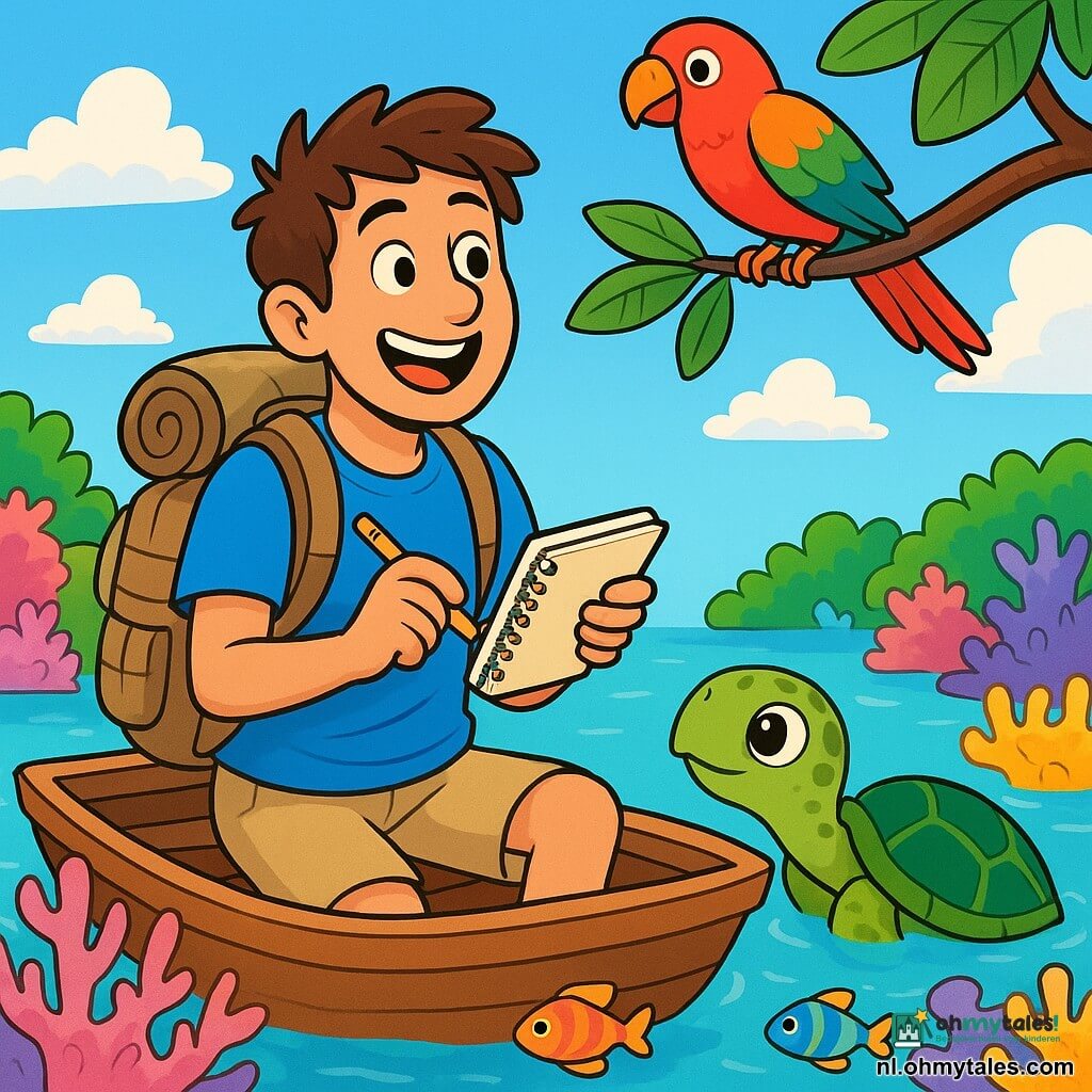 Een man genaamd Jonas, in zijn dertiger jaren, met rommelig bruin haar en een grote glimlach van opwinding, staat op een kleine houten boot, zijn ogen sprankelend van nieuwsgierigheid. Hij draagt een felblauw T-shirt en een beige korte broek, met een grote rugzak vol verkenningsmateriaal. Naast hem komt een kleine zeeschildpad nieuwsgierig uit het water, met ronde, glanzende ogen, die Jonas met interesse observeert. De scène speelt zich af in een zonnige lagune, omringd door prachtige koraalriffen in heldere kleuren: roze, gele en paarse koralen, terwijl kleurrijke vissen eromheen zwemmen. De lucht is stralend blauw, met een paar donzige witte wolken. Jonas luistert aandachtig naar het gezang van een vogel met rode en groene veren, die op een tak boven hem zit, terwijl hij aantekeningen maakt in zijn notitieboek. Hij is volop aan het verkennen, op zoek naar de verborgen geheimen van de natuur en het vastleggen van de melodieën van de vogels.
