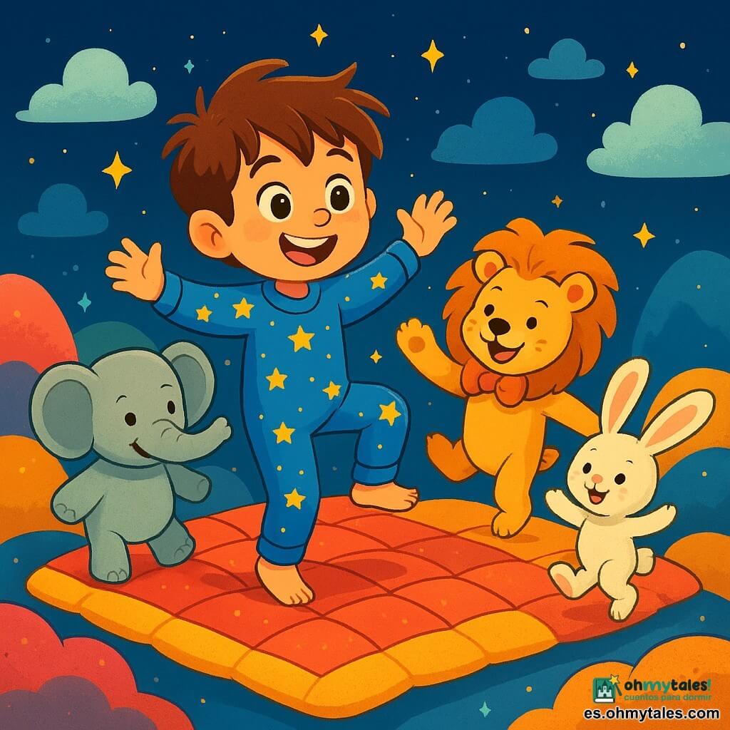 Un niño de 6 años, llamado Tomás, con cabello castaño alborotado y ojos llenos de curiosidad, baila alegremente sobre un edredón flotante. Lleva un pijama azul decorado con estrellas brillantes y muestra una gran sonrisa asombrada. A su lado, un elefante de peluche gigante, con orejas suaves y grises, lo invita a bailar con una expresión amigable y alegre. Un león de peluche, con melena dorada y pajarita brillante, se divierte haciendo piruetas, mientras que un pequeño conejo de peluche con grandes orejas blancas salta a su alrededor, riendo y aplaudiendo. La escena se desarrolla en un mundo mágico, lleno de montañas de peluches coloridos, cojines gigantes y luces brillantes que parecen estrellas en un cielo nocturno. Nubes de algodón flotan suavemente a su alrededor, creando una atmósfera suave y soñadora. Tomás, rodeado de sus amigos de peluche, baila con entusiasmo en una fiesta alegre, donde la música resuena y las risas se elevan en el aire, ilustrando la magia del sueño y los sueños.