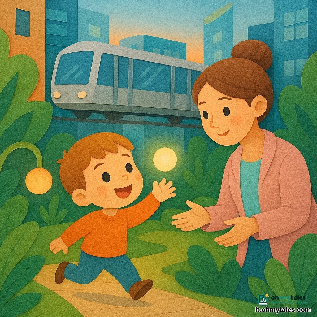 Bambino di 4 anni, volto rotondo e guance rosate, capelli castano chiaro corti, occhi grandi e brillanti, espressione meravigliata e sorridente, in punta di piedi tende la mano verso una piccola sfera luminosa fluttuante; donna (madre) sui 30 anni, capelli raccolti in chignon, giacca pastello, sguardo tenero e mani aperte verso il bambino, dietro di lui in atteggiamento protettivo e sorridente; un tram sospeso argentato sullo sfondo con linee morbide e vetri azzurri che riflettono la luce; ambientazione: giardino sospeso tra alti edifici di vetro con grandi foglie stilizzate, sentieri in legno chiaro e lanterne rotonde fluttuanti; luce tenue mischiata ad arancio e azzurro, ombre nette come carta sovrapposta; atmosfera magica, curiosa e sicura, stile grafico piatto, colori vivaci e texture di carta strappata.