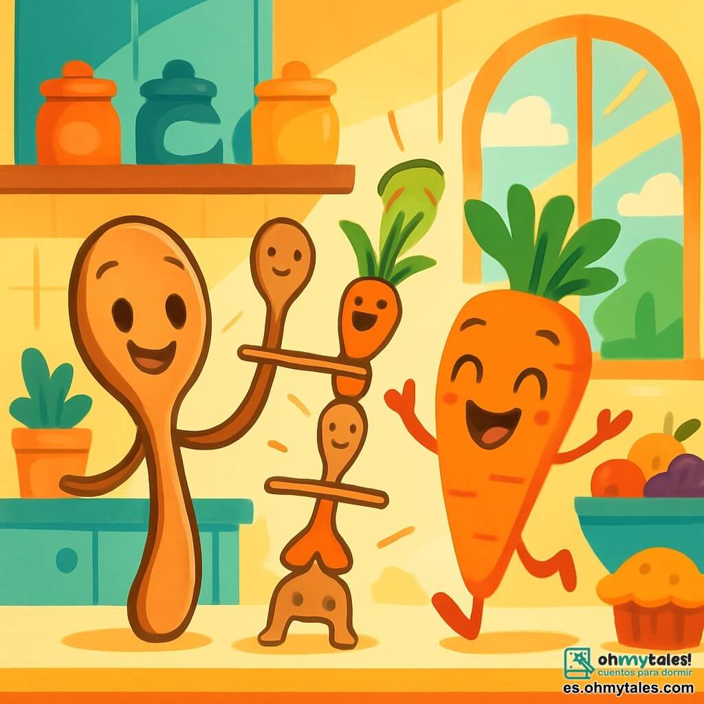 En una cocina cálida y soleada, una pequeña cuchara de madera llamada Cuchi, con una sonrisa alegre y ojos brillantes, baila entusiasmada en la encimera, sus curvas brillantes reflejando la luz. Junto a ella, una zanahoria animada y sonriente, Zany, con una piel naranja viva y hojas verdes que bailan, hace piruetas riendo, añadiendo un toque de magia a la escena. La cocina está llena de tarros coloridos, frutas frescas y deliciosos pasteles, con rayos de sol filtrándose a través de una ventana, creando una atmósfera alegre y acogedora. Cuchi y Zany se divierten construyendo una torre de cucharas y zanahorias, riendo a carcajadas mientras la torre comienza a tambalearse, prometiendo una aventura llena de risas y sorpresas.
