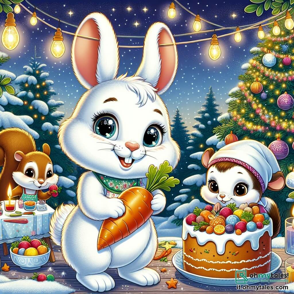 Un giovane coniglio bianco e setoso, con grandi occhi scintillanti di gioia, si trova al centro di un giardino decorato con luci brillanti e ghirlande colorate. Sorride, con le orecchie dritte, mentre tiene una grande carota decorata come una torta di festa. A destra, un piccolo scoiattolo marrone, con una coda folta e occhi maliziosi, scala un ramo per appendere lanterne, mostrando un sorriso entusiasta. A sinistra, una simpatica faina con pelliccia bianca e nera, indossando un grembiule, prepara un punch di frutta su un tavolo pieno di dolcetti, apparendo concentrata e felice. Il giardino è illuminato da stelle brillanti nel cielo notturno, con un grande albero di Natale decorato sullo sfondo, circondato da neve scintillante. Fiocchi di neve cadono dolcemente, aggiungendo un tocco magico alla scena. I protagonisti stanno preparando una grande festa di Capodanno, piena di risate, giochi e delizie, creando un'atmosfera festosa e calorosa.