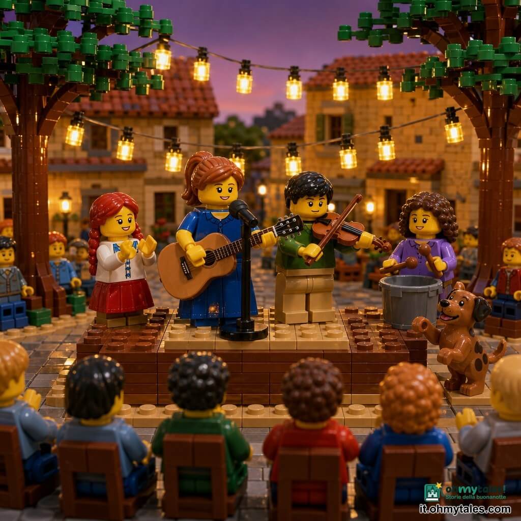 Una donna cantante e musicista sorridente e benevola, capelli castano chiaro raccolti in coda, vestito blu semplice, tiene una piccola chitarra di legno e canta dolcemente al microfono su un piccolo palco di legno; accanto a sinistra sta Nina, circa 7 anni, bassa con trecce rosse e occhi brillanti, che applaude ammirata; a destra Bruno, circa 9 anni, capelli neri corti, suona un violino con tre corde visibili, volto concentrato ma coraggioso; dietro Bruno Ada, circa 8 anni, capelli ricci castani, batte delicatamente un secchio-percussione con due cucchiai di legno; un piccolo cane marrone maculato, Pepe, abbaia gioioso sul bordo del palco con una zampa sollevata, seguendo il ritmo; luogo: una piccola piazza di paese al crepuscolo con lucine gialle appese tra due platani, case in pietra ocra e sedie di legno per il pubblico sfocato; atmosfera calda e un po' goffa, strumenti vari, luci dorate, bambini in fila sul palco, pubblico sorridente e dettagli LEGO visibili (studs, mattoncini, texture plastica), tonalità morbide e colorate.