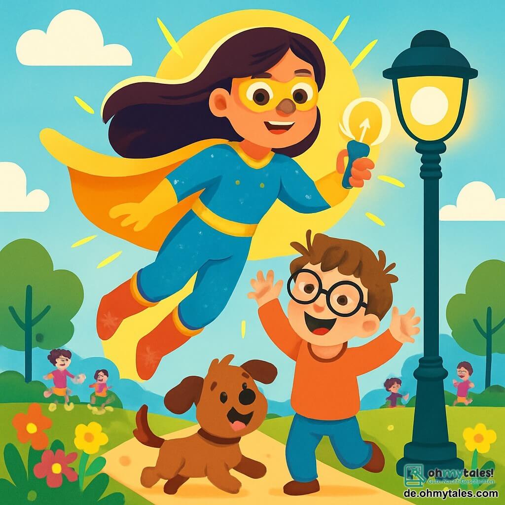 Eine Superheldin, Lina, ist eine starke Frau mit langen, glänzenden Haaren, die ein funkelndes blau-gelbes Kostüm trägt. Sie hat ein warmes Lächeln und Augen, die vor Entschlossenheit strahlen. Sie fliegt mit ausgebreiteten Armen durch die Luft, umgeben von goldenem Licht. Neben ihr steht ein kleiner Junge von etwa 7 Jahren mit runden Brillen und zerzausten Haaren, der lachend die Arme hebt, begeistert von ihrer Anwesenheit. Ein kleiner Hund mit braunem Fell, der fröhlich aussieht, läuft um sie herum, mit wedelndem Schwanz. 

Die Szene spielt in einem bunten Park, voller leuchtender Blumen und heller Laternen, unter einem klaren blauen Himmel mit flauschigen weißen Wolken. In der Ferne spielen Kinder und Familien spazieren, was eine fröhliche und lebendige Atmosphäre schafft. 

Lina hilft, eine blinkende Lampe zu reparieren, indem sie eine glänzende Glühbirne austauscht, während der kleine Junge und der Hund sie bewundernd beobachten, erfüllt von Staunen und Freude.