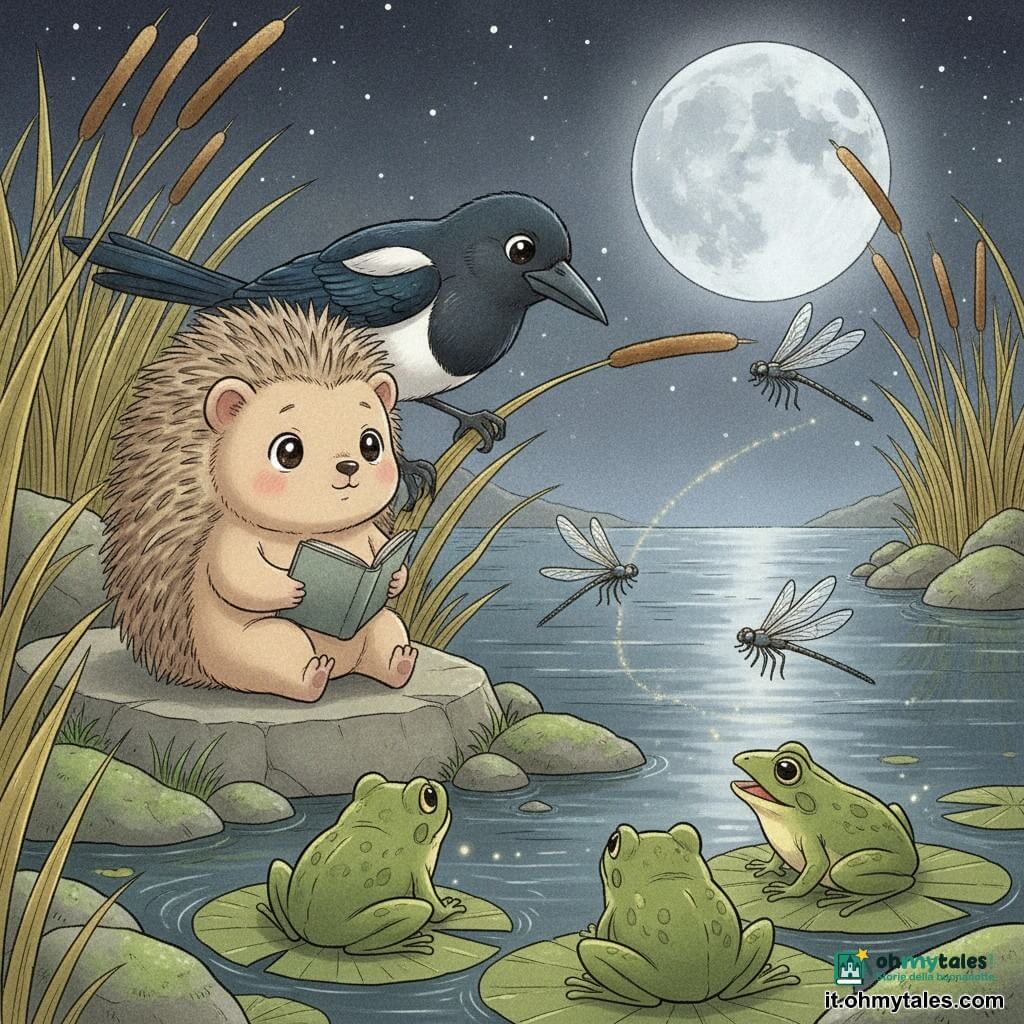 Un piccolo riccio antropomorfo, Lino, seduto su una pietra piatta con pelo marrone chiaro e aculei beige morbidi, viso tondo e occhi brillanti, espressione serena e attenta, tiene un piccolo libro aperto sulle ginocchia e ascolta la notte; una gazza di nome Brina, piumaggio nero e bianco lucido, occhi vivaci e becco sottile, è posata su una canna vicino a lui, inclinata con atteggiamento curioso e protettivo; alcune rane tonde e verdi su ninfee al bordo dell'acqua, sguardi calmi e qualche gracidio, formano un cerchio basso vicino alla riva; libellule sottili e metalliche con ali traslucide sfiorano l'acqua tracciando linee luminose; luogo: una piccola pozza notturna con acqua scura che riflette la luna piena argentata, canne dorate mosse dal vento, pietre lisce e muschio verde e cielo stellato; scena principale: lettura pacifica al bordo della pozza sotto la luna, atmosfera dolce e silenziosa, composizione in piano medio con Lino e Brina in primo piano e la pozza brillante sullo sfondo; stile grafico: colori tenui, contrasti leggeri, linee pulite ed espressive in stile manga per bambini, texture visibili su aculei, piume e superficie dell'acqua.