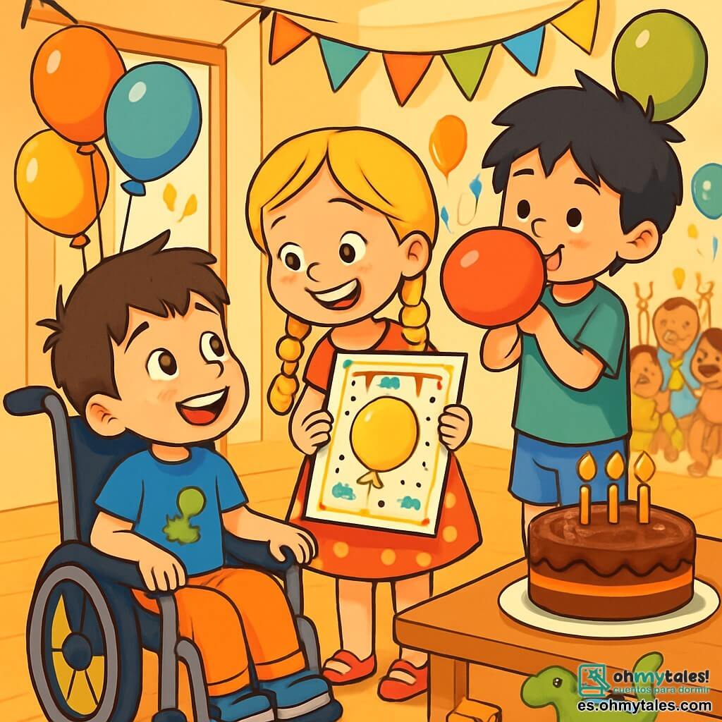 Hay 3 personajes: - Lucas: un niño de 5 años, sentado en una silla de ruedas. Tiene el cabello castaño, ojos brillantes y lleva una camiseta azul con un dibujo de dinosaurio. Sonríe con asombro al mirar a sus amigos. - Sofía: una niña de 5 años, de pie junto a Lucas. Tiene largas trenzas rubias y lleva un bonito vestido rojo con lunares. Sostiene una gran invitación colorida y tiene una gran sonrisa en el rostro. - Diego: un niño de 5 años, un poco apartado, con el cabello negro despeinado. Lleva una camiseta verde y un pantalón corto azul. Está inflando un globo de fiesta, listo para dárselo a Lucas. El lugar es una casa acogedora, decorada con globos multicolores y guirnaldas brillantes. La habitación está llena de luz, con una gran mesa en el centro, sobre la cual descansa una magnífica tarta de chocolate adornada con velas. Hay juegos y juguetes esparcidos por ahí, y amigos ríen y se divierten en un rincón. La situación principal muestra a Lucas, asombrado, descubriendo la sorpresa de su cumpleaños. Sofía y Diego lo rodean con entusiasmo, mientras todos los amigos cantan "Feliz cumpleaños" levantando globos coloridos.