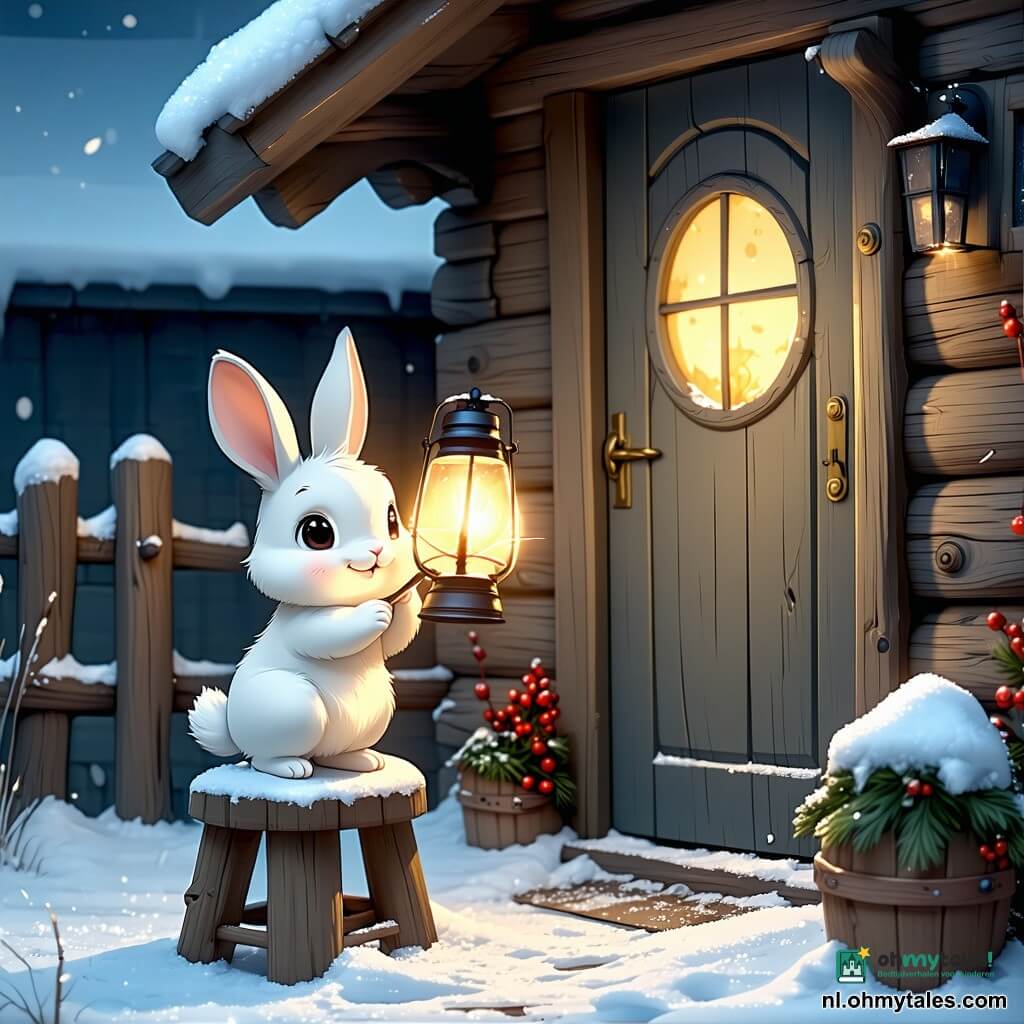 Een klein konijntje genaamd Nibbit, met een zachte, sneeuwwitte vacht, staat op een klein houten krukje, zijn gezicht verlicht door het gouden licht van een lantaarn. Zijn grote, glanzende ogen stralen opwinding en een beetje zenuwen uit terwijl hij zich voorbereidt om de lantaarn voor Kerstmis aan te steken. Naast hem kijkt zijn moeder, een mooie konijn met een zilveren vacht en zachte ogen, hem met een trotse glimlach aan, haar lange, delicate oren vallen gracieus aan beide kanten van haar hoofd. Ze is vol aanmoediging en tederheid, terwijl ze dicht bij de deur van hun houten huisje staat. De setting is een betoverend winterlandschap, met sneeuwvlokken die zachtjes uit de sterrenhemel vallen, majestueuze bomen bedekt met glinsterende sneeuw, en een onverharde weg die naar hun warme huis leidt, verlicht door het licht van de lantaarn. De hoofdscène toont Nibbit, met een kloppend hart, terwijl hij de lantaarn aansteekt, terwijl de magie van Kerstmis het landschap begint te omhullen, andere dieren uit het bos naar het warme en gastvrije licht aantrekkend.