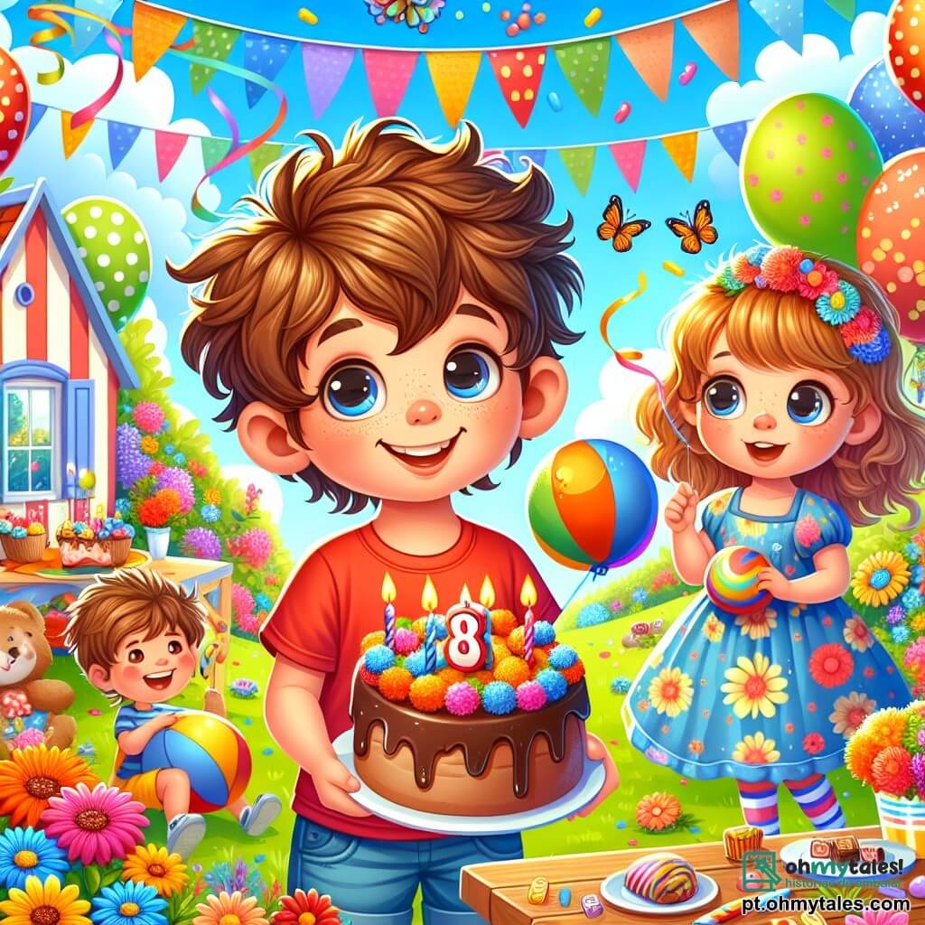 Um menino de 8 anos, chamado Luís, com cabelos castanhos bagunçados e um grande sorriso alegre, usa uma camiseta vermelha e um short azul. Ele segura um balão colorido em uma mão e um pequeno bolo de chocolate na outra, com os olhos brilhando de excitação. Ao seu lado, Tia Estela, uma mulher de cerca de 35 anos com cabelos castanhos e óculos redondos, usa um vestido florido e meias listradas. Ela sorri enquanto segura um prato cheio de doces coloridos, observando Luís com ternura. O cenário é um encantador jardim ensolarado, repleto de flores vibrantes, borboletas voando e uma grande mesa de madeira decorada com luzes. Ao fundo, uma pequena casa com janelas azuis e telhado vermelho adiciona um toque de magia. A cena principal mostra Luís, cercado por amigos, soprando as velas do seu bolo de aniversário, com risadas e confetes voando no ar, criando uma atmosfera festiva e alegre.