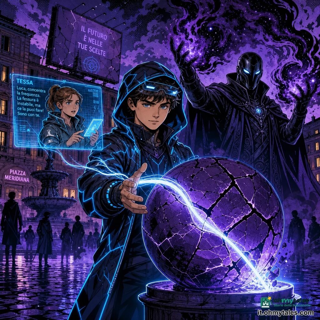 Un ragazzo di circa 16 anni, volto giovane e concentrato, espressione determinata, con cappuccio scuro bordato da filamenti fotonici blu luminosi e una visiera sottile, è al centro della piazza con le mani tese a tracciare un sottilissimo nastro di luce bianco-azzurra che si infila nelle crepe di una grande sfera viola screpolata; un uomo alto, Nebulon, con maschera liscia e fessure luminose blu e un mantello di nebbia scura sta accanto alla sfera con le braccia alzate, soffiando volute di nebulosa nera attorno alle dita; una ragazza adolescente, Tessa, circa 16 anni, capelli raccolti, giacca tecnica e tablet luminoso, appare come piccolo ologramma sopra il polso di Nico, ansiosa ma concentrata a dare istruzioni; luogo: Piazza Meridiana di notte, ciottoli umidi e una leggera foschia violacea al centro; situazione: duello visivo fra luce e nebbia — il ragazzo ricuce la sfera con il nastro di luce stabile mentre Nebulon l'investe con ondate nebulose; composizione dinamica, forti contrasti di blu freddi luminosi e neri violetto, sagome osservanti sullo sfondo, atmosfera eroica e malinconica.