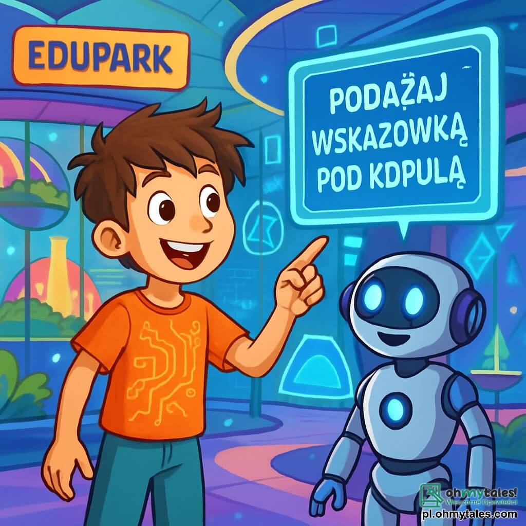 Dwunastoletni chłopiec, Kacper, z rozczochranymi brązowymi włosami i błyszczącymi z ciekawości oczami, stoi przed holograficznym ekranem w futurystycznym centrum EduParc. Jego twarz wyraża zachwyt i podekscytowanie, z szerokim uśmiechem rozświetlającym jego oblicze. Ma na sobie koszulkę z motywem obwodów drukowanych i lekkie spodnie, idealne na przygodę. Obok niego stoi Teksio, humanoidalny robot towarzyszący, z srebrnym ciałem i migającymi niebieskimi diodami LED, uważnie obserwujący ekran. Teksio ma przyjazny i zachęcający głos, gotowy pomóc Kacprowi w jego poszukiwaniach. Miejsce to futurystyczna przestrzeń wypełniona żywymi kolorami, z przejrzystymi szklanymi ścianami ukazującymi unoszące się ogrody i fontanny światła. Hologramy unoszą się wokół nich, wyświetlając informacje o różnych atrakcjach parku. Kacper, zaintrygowany, wskazuje palcem na tajemniczy napis na ekranie, który mówi: "Podążaj za wskazówkami pod trzecią kopułą". W powietrzu unosi się atmosfera przygody i odkryć, gdy przygotowuje się do eksploracji sekretów parku.