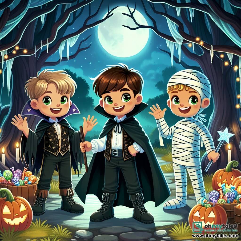 Three boys, around 10 years old, stand in the center of an enchanted clearing. Max, the leader, has brown hair and wears a vampire costume with a flowing black cape, sporting a big smile. To his right, Leo, the prankster, has blonde hair and is dressed as a mummy, with strips of cloth trailing behind him, laughing joyfully. On the left, Sam, the wise one, has brown hair and wears a blue wizard robe adorned with stars, holding a sparkling wand. The clearing is surrounded by twisted trees with dark branches, illuminated by moonlight filtering through the leaves. In the center, a wooden table is filled with colorful candies, while smiling pumpkins are arranged around, creating a magical yet slightly mysterious atmosphere. The boys, awestruck, stand before the candy table, ready to take on the challenge of the candy guardian who has posed a riddle to earn the treats.
