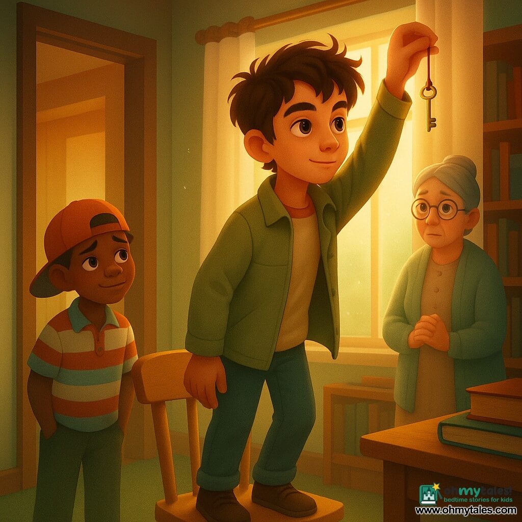 A boy—Milo, about 12—calm, focused face, bright eyes, tousled brown hair, light khaki coat, standing on a light wooden chair reaching to retrieve a small shiny brass key stuck behind a curtain rod; a boy—Jasper, about 9—guilty admiring expression, oversized cap and striped polo, stands in the left doorway watching Milo; a woman—Mrs. Dalca, about 60—gray hair in a bun, round glasses, soft cardigan, stands at right by the table with hands clasped, worried but relieved; the scene is a library reading room with tall windows and cream curtains, dark wooden shelves, a worn green rug and soft daylight showing dust motes; moment of discovery—Milo pulls a brass key tied with red thread and a bit of mint gum, light tension, warm mysterious atmosphere, dominant warm colors with red and green accents, fine textures and soft shadows.