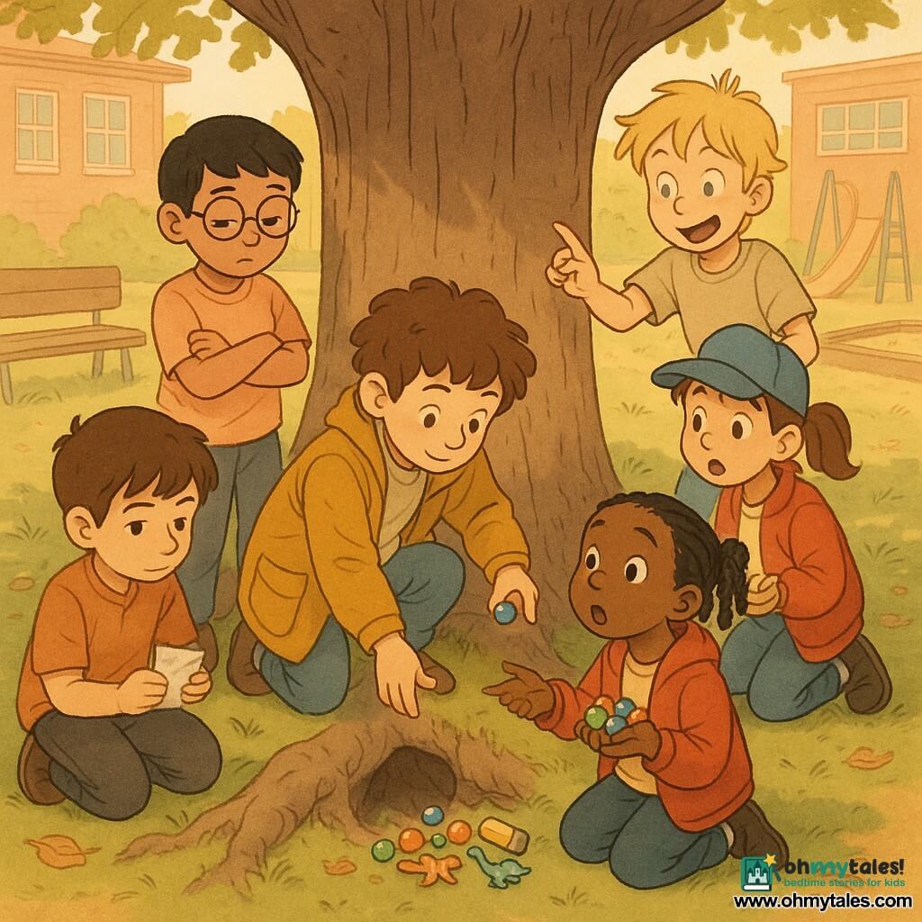 Six children: Sam (boy, 9) with curly brown hair and an oversized mustard coat kneeling center, reaching toward a small hole at the base of an old oak; Max (boy, 10) with short black hair and shiny round glasses standing left with arms crossed, looking down thoughtfully; Jamie (boy, 9) with messy blond hair smiling widely to the right, on tiptoe pointing at a shiny blue marble; Toby (boy, 9) with dark brown hair kneeling near the hole holding a folded note; Mia (girl, 8) with braided black hair and a red jacket behind a small pile of objects, holding a stack of shiny treasures and looking up surprised; Chloe (girl, 8) with brown hair in a ponytail and a blue cap beside Mia, handing the blue marble to Sam; sunny schoolyard with a large old oak with exposed roots, slightly worn green grass, a nearby wooden bench, blurred sandbox and slide in the background, scattered leaves and twigs; they’ve found a small stash under the oak containing colorful marbles, a toy dinosaur and a capsule, warm soft light, enthusiastic expressions, composition centered on the hole and outstretched hands returning the blue marble.