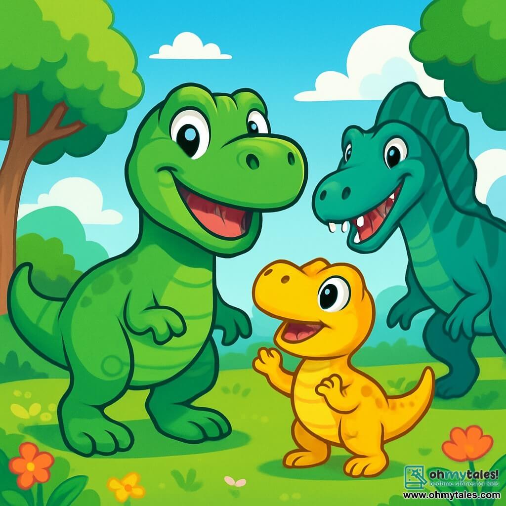 Trixie, a young Tyrannosaurus Rex with shiny green scales and sparkling curious eyes, stands proudly at the center of the scene, a big smile on her joyful face. Beside her, her little brother Tiny, an adorable Tyrannosaurus Rex with yellow scales and round eyes, looks on with admiration, his small paws raised in excitement. In the background, Spike, a huge Spinosaurus with blue-green scales and a large dorsal fin, approaches with a friendly expression, his white teeth shining in the sunlight. The setting is a vast green plain dotted with colorful flowers and tall trees, under a bright blue sky with fluffy clouds gently floating. The main scene shows Trixie and Tiny enthusiastically welcoming Spike, while other curious dinosaurs watch them from afar, creating an atmosphere of camaraderie and discovery.