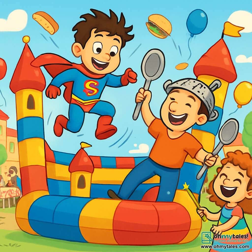 Marvin, a man with tousled hair and a smiling face, wears a blue and red superhero costume with a cape fluttering behind him. He has sparkling eyes full of excitement and a big smile as he stands on a huge inflatable castle, ready to jump. Next to him, Captain Spoon, a man in his 30s with a colander on his head and a large spoon in hand, laughs contagiously while trying to keep his balance on the castle. Lady Gigglepants, a 10-year-old girl with curly hair and a colorful dress, stands below, laughing heartily and pointing her tickle ray at the castle. The scene takes place in a bustling town square filled with families and children, with colorful balloons floating in the air and picnic tables adorned with checkered tablecloths. The main situation shows Marvin about to jump from the castle, while the castle joyfully bounces, sending sandwiches and balloons flying, creating a festive and crazy atmosphere.
