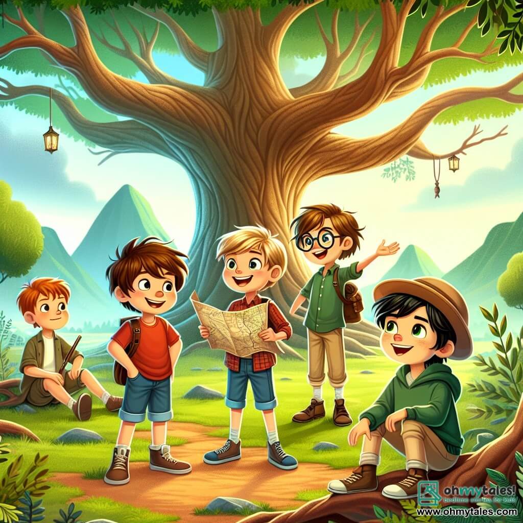 In an enchanted valley, four ten-year-old boys stand under a large ancient tree with majestic branches. Oliver, with messy brown hair, wears a red t-shirt and blue shorts. He stands with arms outstretched, smiling as if sharing a brilliant idea. Max, with blonde hair and round glasses, is dressed in a plaid shirt and beige pants, sitting on a tree root, holding an old map with sparkling eyes of excitement. Leo, with chestnut hair and sunglasses on his forehead, wears a green sweatshirt and jeans, crouched down, curiously observing the tree's leaves as if listening to their whispered secrets. Ethan, the dreamer, has black hair and a straw hat, lying on the grass with his arms behind his head, gazing at the sky with a thoughtful smile. The valley is surrounded by majestic cliffs, colorful flowers, and butterflies fluttering around them. A gentle breeze makes the leaves dance, filling the air with magic and mystery. The boys share their dreams and thoughts, realizing their adventure in the valley is not just a treasure hunt, but a journey of self-discovery and friendship.