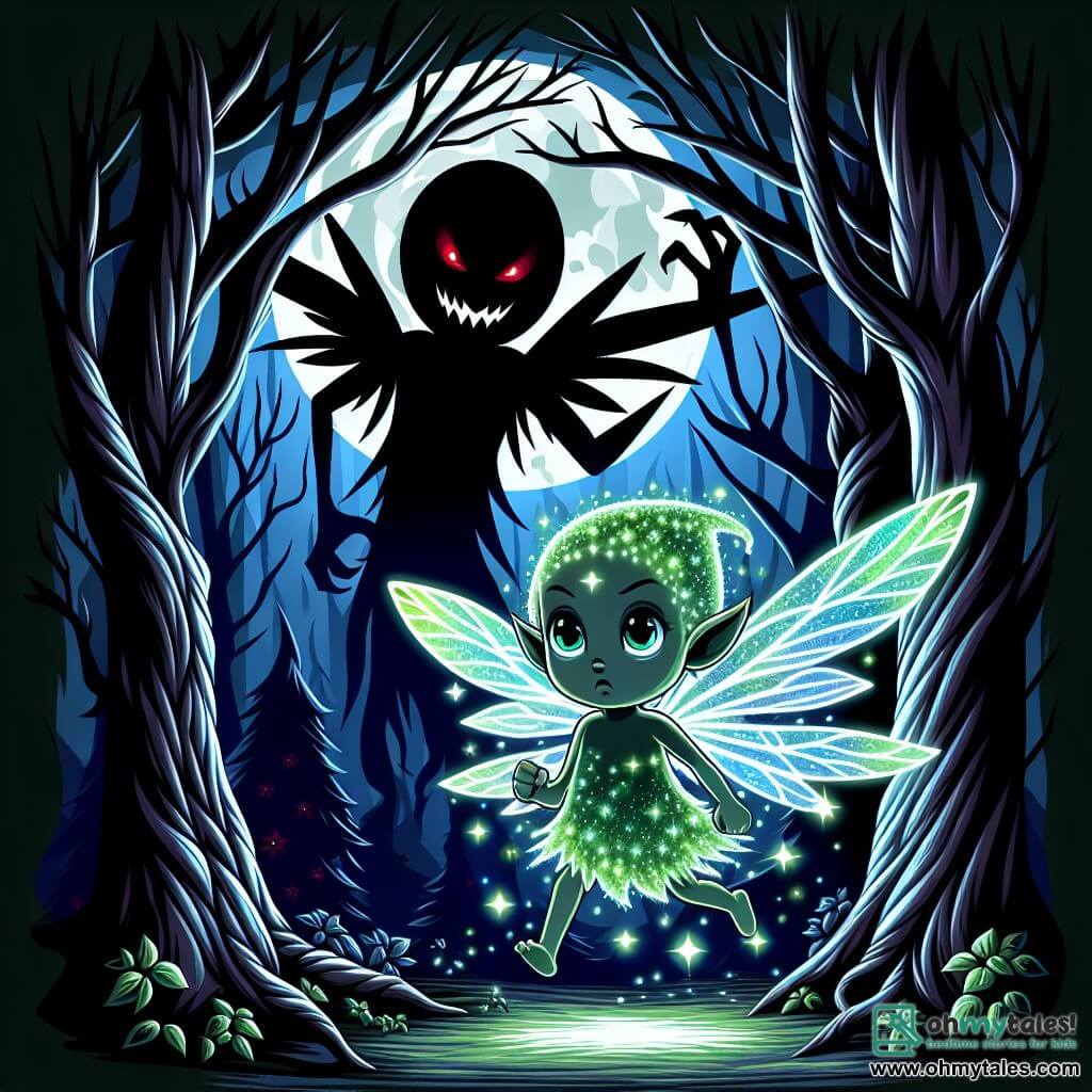 An illustration depicts a small, luminous sprite with shimmering star-like wings. Its iridescent green and blue skin and determined yet slightly fearful expression contrast with the dark forest it flies through, filled with twisted trees and sharp branches, creating a mysterious and unsettling atmosphere. In the shadows, a large dark being with a menacing silhouette stands a few meters away from the sprite. This figure, with glowing red eyes and a twisted grin, exudes an aura of malice and power, observing the sprite with a mix of curiosity and threat, ready to confront its opponent. The dense forest features dark leaves and dancing shadows, while silver moonlight filters through the foliage, creating a striking contrast between darkness and the sprite's glow. The main scene shows the small sprite courageously challenging the large dark being, ready to face its fears. Light bursts emanate from it, illuminating its path and pushing back the surrounding shadows, while the wind rustles the leaves, adding palpable tension to the atmosphere. Other graphic elements include light bursts from the sprite, moving shadows around the trees, and a slight mist enveloping the ground, enhancing the mysterious and frightening aspect of the scene.