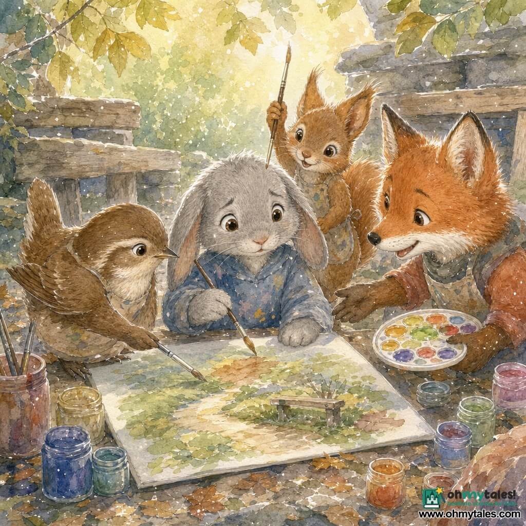 Benny, a small gray rabbit with gentle brown eyes and slightly drooping ears, looks shy but determined as he holds a fine brush painting a small bench and a secret path on a large canvas laid on a wooden table; Miss Wren, a warbler with brown feathers and a cream breast, crouches at his level with a kind smile demonstrating a brush technique beside him; Ollie, a playful red fox, holds a palette of bright colors and reaches out to help while Tilly, a paint-streaked squirrel, stands behind Benny offering a finer brush; the setting is the "grown-ups' corner" with worn gray stones, weathered oak benches, crushed leaves and scattered paint pots and brushes on a rustic table, and the friends lean in to help Benny fix a blemish on the painting in a warm, collaborative scene lit by soft late-afternoon light filtering through the branches.
