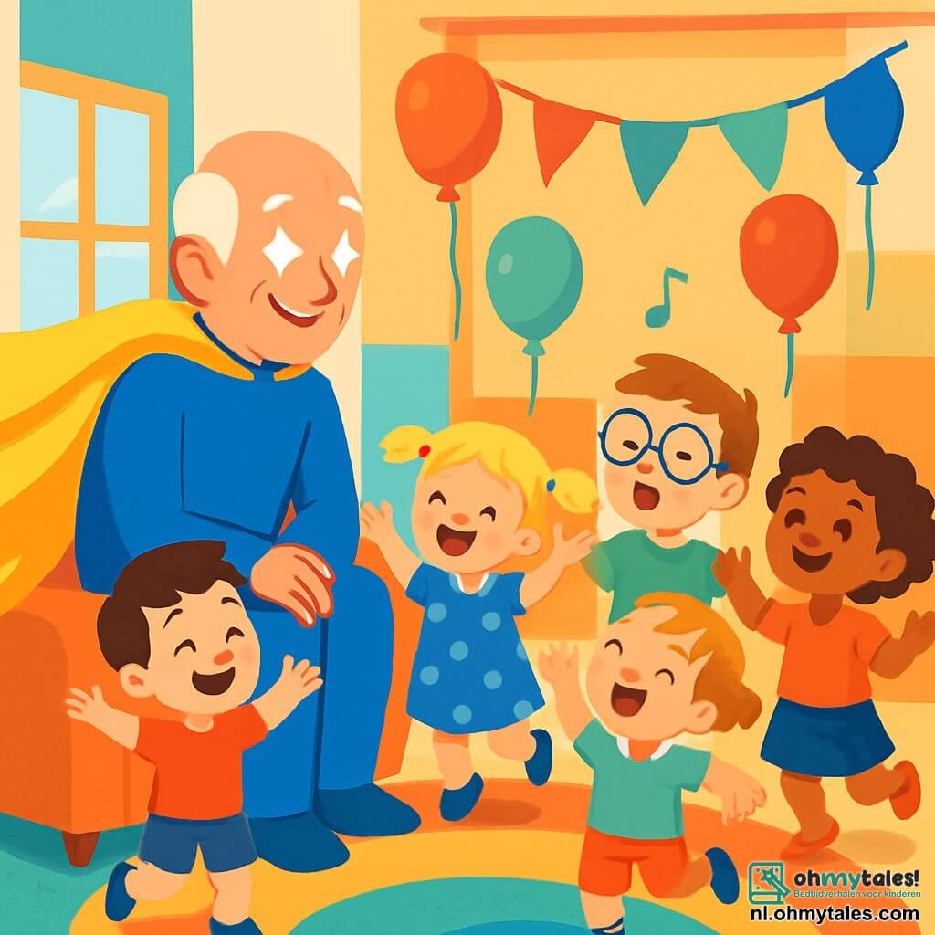 Bliksem-Bob is een man met een grote gele cape die achter hem wappert. Hij heeft heldere ogen en een warme glimlach, zittend op een zachte stoel, kijkend naar de kinderen met bewondering. Naast hem springt een groep van vier kinderen, twee jongens en twee meisjes, van vreugde. De eerste jongen heeft bruin haar en draagt een rode t-shirt, terwijl het tweede meisje, met blonde vlechten, een blauwe jurk met stippen aan heeft. Het derde kind, een jongen met ronde bril, is aan het zingen, en het laatste meisje, met krullend haar, maakt enthousiaste gebaren. De scène speelt zich af in een heldere gemeenschapsruimte, met kleurrijke muren, ballonnen aan het plafond en zachte tapijten op de vloer. Bliksem-Bob moedigt de kinderen aan die plezier hebben met zingen en dansen, wat een vrolijke en energieke sfeer creëert.