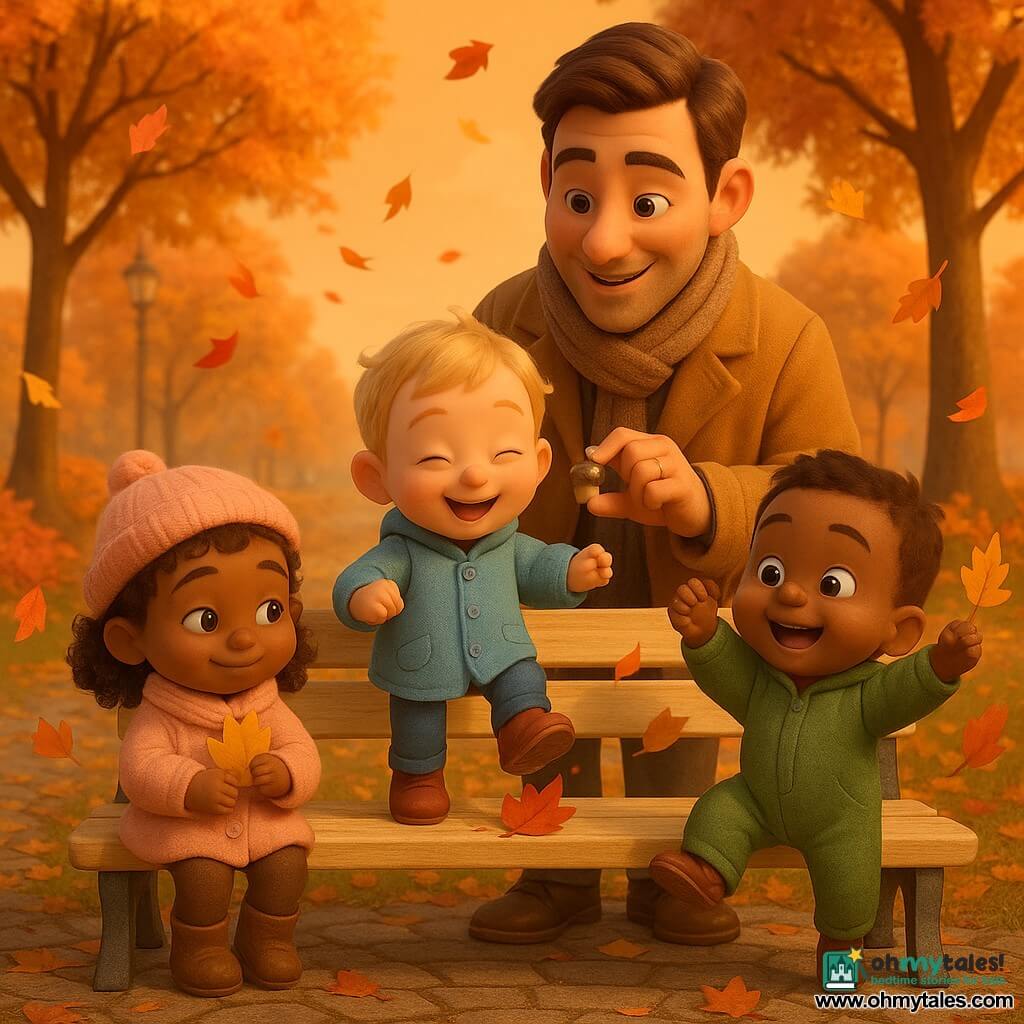 There are four main characters: Mia, a 2-year-old girl with short curly brown hair in a small braid, wearing a pale pink coat and matching hat, sitting left on the bench holding a large yellow leaf against her chest and smiling; Leo, a 2-year-old boy with short blond hair in a sky-blue coat and red boots, standing center on tiptoe on the bench, joyfully crushing a red leaf under his shoe; Sam, a 2-year-old boy with chestnut hair in a green onesie and round cheeks, on the right of the bench lightly jumping with hands up holding a brown leaf; and Papa, about 30, with a warm face, camel coat and soft scarf, standing behind the bench, leaning protectively and smiling while showing an acorn to the children. The scene is a small autumn park with a light wooden bench on a paved path, tall brown-gray trunks and swirling red, yellow and orange leaves, crunchy leaves on the ground and warm golden low sunlight; the children collect and admire colorful leaves around the bench as a light breeze stirs them, giving a calm, warm atmosphere with visible textures of soft fabrics, grained wood and crinkled leaves.