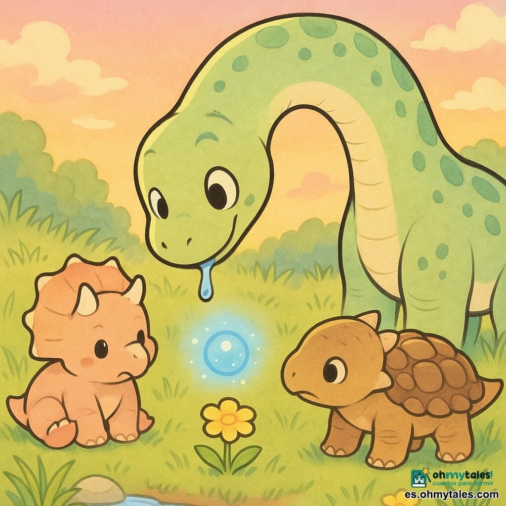 Un diplodocus grande y dulce de cuello muy largo, piel verde clara con manchas más oscuras, ojos redondos y sonrisa tierna, inclinado para dejar caer agua de su boca sobre una pequeña flor amarilla; una luz azul flotante, redonda y brillante con chispas suaves que danza sobre la flor; un tricératops juvenil, regordete y de piel beige rosada con cuernos cortos, sentado a la izquierda observando con curiosidad; un ankylosaurus pequeño y robusto con coraza marrón y placas redondeadas, a la derecha mirando la flor, tranquilo; pradera de hierba alta y verde con algunas flores amarillas y un riachuelo brillante al fondo bajo un cielo de atardecer rosado y naranja; escena calmada y tierna, colores pastel y formas redondeadas.
