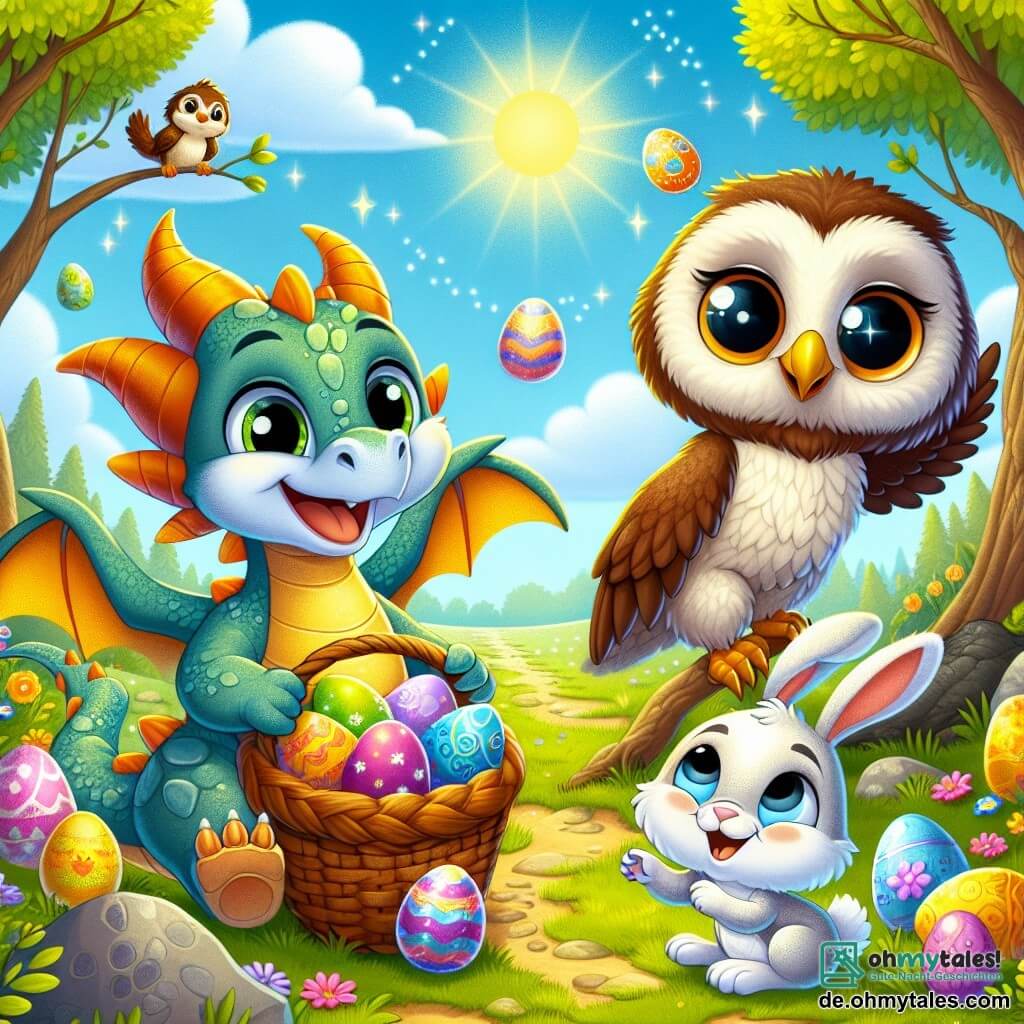 Ein kleiner Drache namens Flori mit leuchtend blauen Schuppen und funkelnden Augen steht in der Mitte einer sonnigen Lichtung und lächelt breit, während er einen großen Korb voller bunter Eier zeigt. Neben ihm schwebt eine weise kleine Eule namens Ella mit großen runden Augen und braunen Federn leicht über dem Boden und schaut Flori ermutigend an. Ein kleiner Hase namens Hoppel mit großen Ohren und weißem Fell sucht neugierig im Gras und entdeckt ein glänzendes Ei. Die Lichtung ist von Bäumen mit strahlend grünen Blättern umgeben, und bunte Blumen bedecken den Boden, was eine fröhliche und festliche Atmosphäre schafft. Im Hintergrund ist der klare blaue Himmel mit flauschigen weißen Wolken gesprenkelt, was der Szene Magie verleiht. Flori und seine Freunde nehmen an einer großen Ostereiersuche teil, die voller Lachen und Aufregung ist, während sie magische Eier entdecken, die unter der Sonne leuchten.