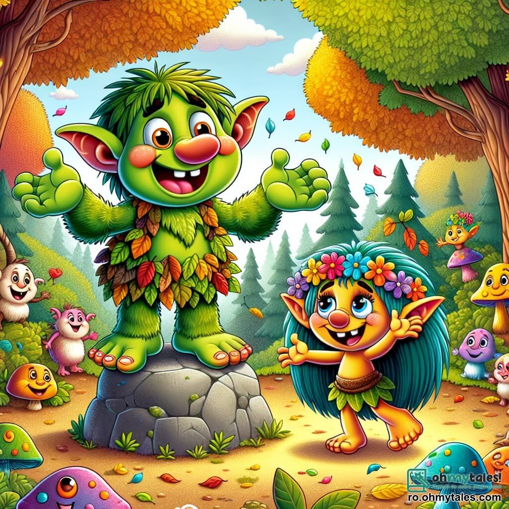 Un troll numit Grumbel, mare și verde cu o piele rugoasă, ochi rotunzi și răutăcioși, stă pe o piatră în centrul scenei, zâmbind cu mândrie după ce a spus o glumă. Poartă o tunică din frunze și are o expresie veselă, cu brațele ridicate în semn de victorie. Lângă el, Zâmbică, o mică ființă amuzantă cu urechi mari, un nas alungit și o burtică rotundă, sare de bucurie, cu ochii strălucind de fericire. Are un blăniță colorată și poartă o pălărie mică din flori. Scena se desfășoară în Pădurea Veselă, un loc magic plin de copaci cu trunchiuri multicolore, flori strălucitoare și animale vesele care ascultă glumele. Pământul este acoperit cu frunze aurii și ciuperci zâmbitoare, creând o atmosferă festivă. Grumbel și Zâmbică sărbătoresc victoria lor la concursul de glume, înconjurați de râsete și aplauze din partea celorlalte ființe din pădure, care îi încurajează cu zâmbete și hohote de râs.