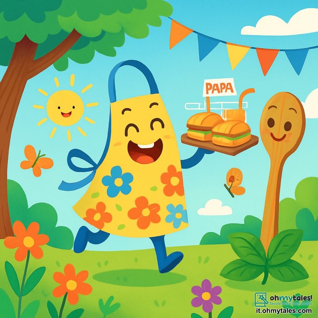 Un piccolo grembiule da cucina di nome Pippo, con motivi di fiori colorati, salta di gioia in un giardino soleggiato, il suo volto radioso di eccitazione e felicità. Tiene un piccolo vassoio pieno di panini e succhi di frutta, pronto a festeggiare la festa del papà. Accanto a lui, un cucchiaio di legno di nome Berto, con una texture liscia e un sorriso malizioso, osserva Pippo con ammirazione, i suoi occhi brillanti di complicità. Si trova su una foglia di basilico, pronto ad aiutarlo nei preparativi. Il giardino è pieno di fiori vivaci, farfalle svolazzanti e un grande albero verdeggiante che offre ombra, creando un'atmosfera gioiosa e festosa. La scena principale mostra Pippo e Berto che preparano una sorpresa per la festa del papà, con risate e sorrisi, circondati dalla bellezza del giardino, illustrando l'amore e la gioia di questa giornata speciale.