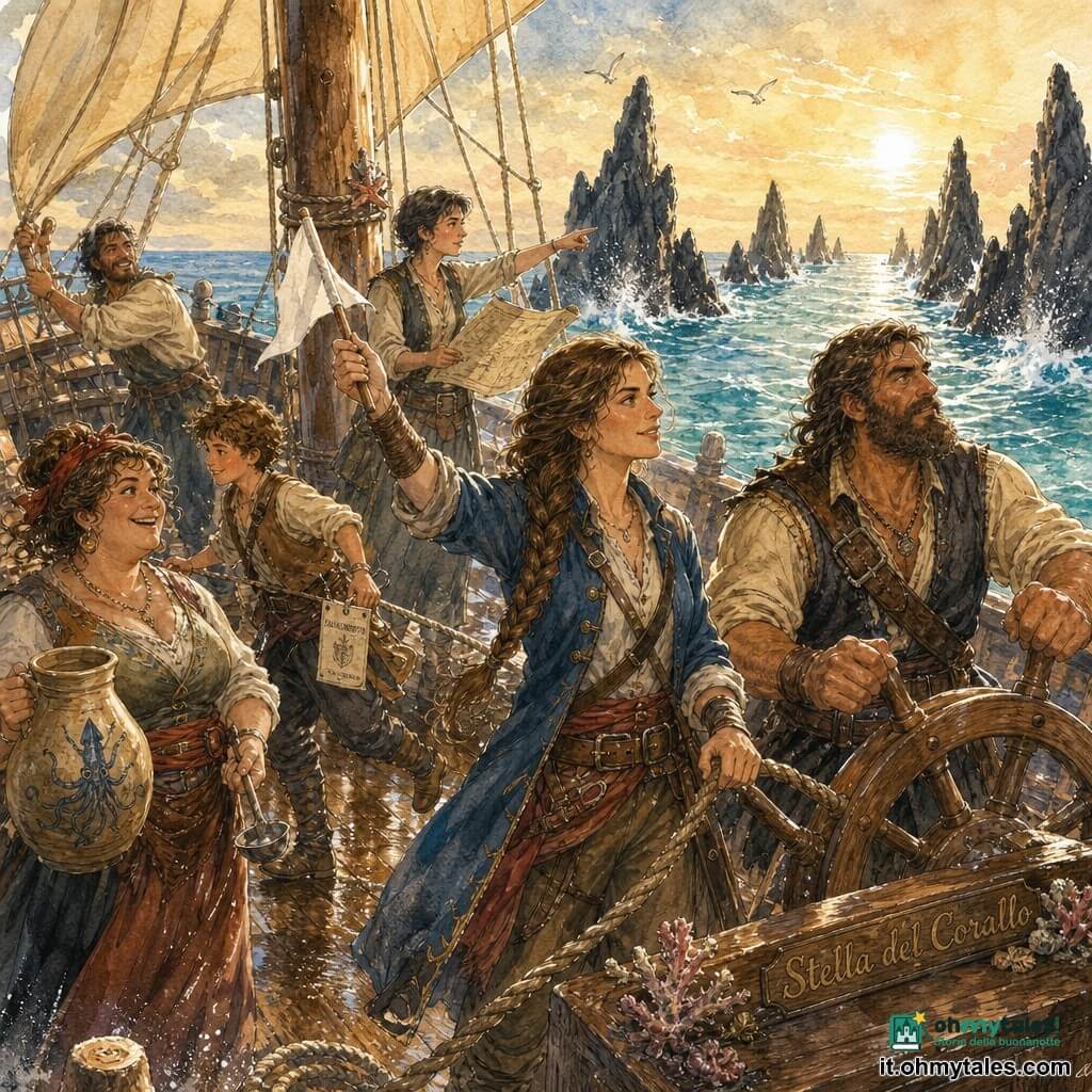 La scena mostra la capitana Lidia, donna con lunga treccia bruna che sorride concentrata tenendo un piccolo gagliardetto e una corda; intorno a lei sul ponte di legno di una goletta pirata con tavole bagnate di sale e cordami arrotolati ci sono Nello, uomo barbuto che regge la barra con lo sguardo all’orizzonte, Pinta, donna energica con una brocca e un mestolo, Timo, adolescente che corre verificando i cordini con un sacco stagno alla cintura, Alina, cartografa che indica la direzione accanto all’albero, e Rugo, con una cicatrice sulla guancia che aiuta a manovrare la vela di poppa; la goletta, vele gonfie, scivola vittoriosa e tesa attraverso lo Stretto delle Lame tra due file di scogli neri appuntiti sotto un cielo mattutino dorato, con schizzi vivaci e risate di sollievo.