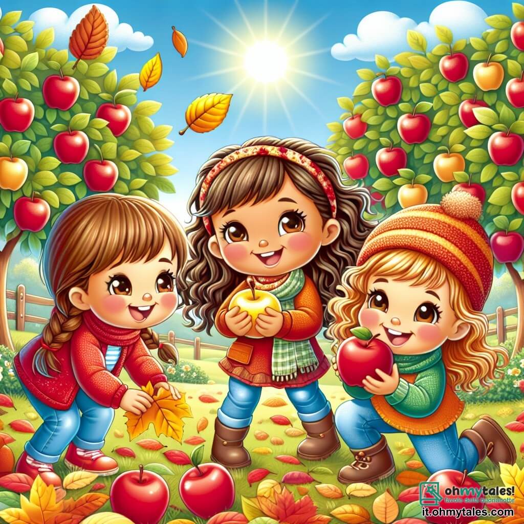 Tre ragazze felici, di circa 8 anni, si trovano in un frutteto autunnale. Anna, con i capelli castani e trecce, indossa una giacca rossa e sorride alzando una foglia gialla. Mia, con i capelli biondi e ricci, indossa un maglione arancione e guarda una mela rossa che tiene in mano. Sia, con i capelli castani e un cappellino, indossa una sciarpa verde e si piega per raccogliere una foglia rossa da terra. Il frutteto è pieno di meli con rami carichi di mele lucenti, mentre il terreno è coperto di foglie multicolori, dal giallo al rosso. Il cielo è blu con alcune nuvole bianche e il sole splende dolcemente, illuminando la scena. Le ragazze si divertono a raccogliere foglie e mele, ridendo insieme e godendo della bellezza dell'autunno.
