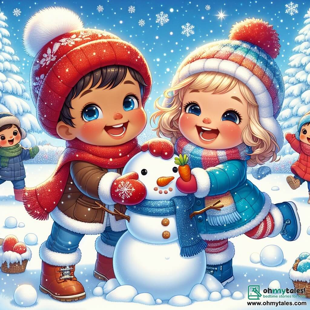 An illustration depicts a joyful little boy wearing a shiny red mitten with white fur, jumping in fresh snow. His face is lit up by a wide smile, his eyes sparkling with happiness as he prepares to build a snowman. Next to him, a little girl with curly golden hair, dressed in a bright blue coat and a colorful scarf, laughs heartily, her cheeks rosy with excitement. She holds a carrot in her hands, ready to use it as the snowman's nose. In the background, a large snow-covered garden is filled with gently falling snowflakes, trees covered in sparkling frost, and a clear blue sky contrasting with the bright white ground. The main scene shows the two children building a snowman, surrounded by winter decorations, with radiant smiles and an atmosphere of joy and camaraderie. Additional elements include scattered snowballs around them, footprints in the snow, and softly falling snowflakes, adding to the magic of this winter scene.